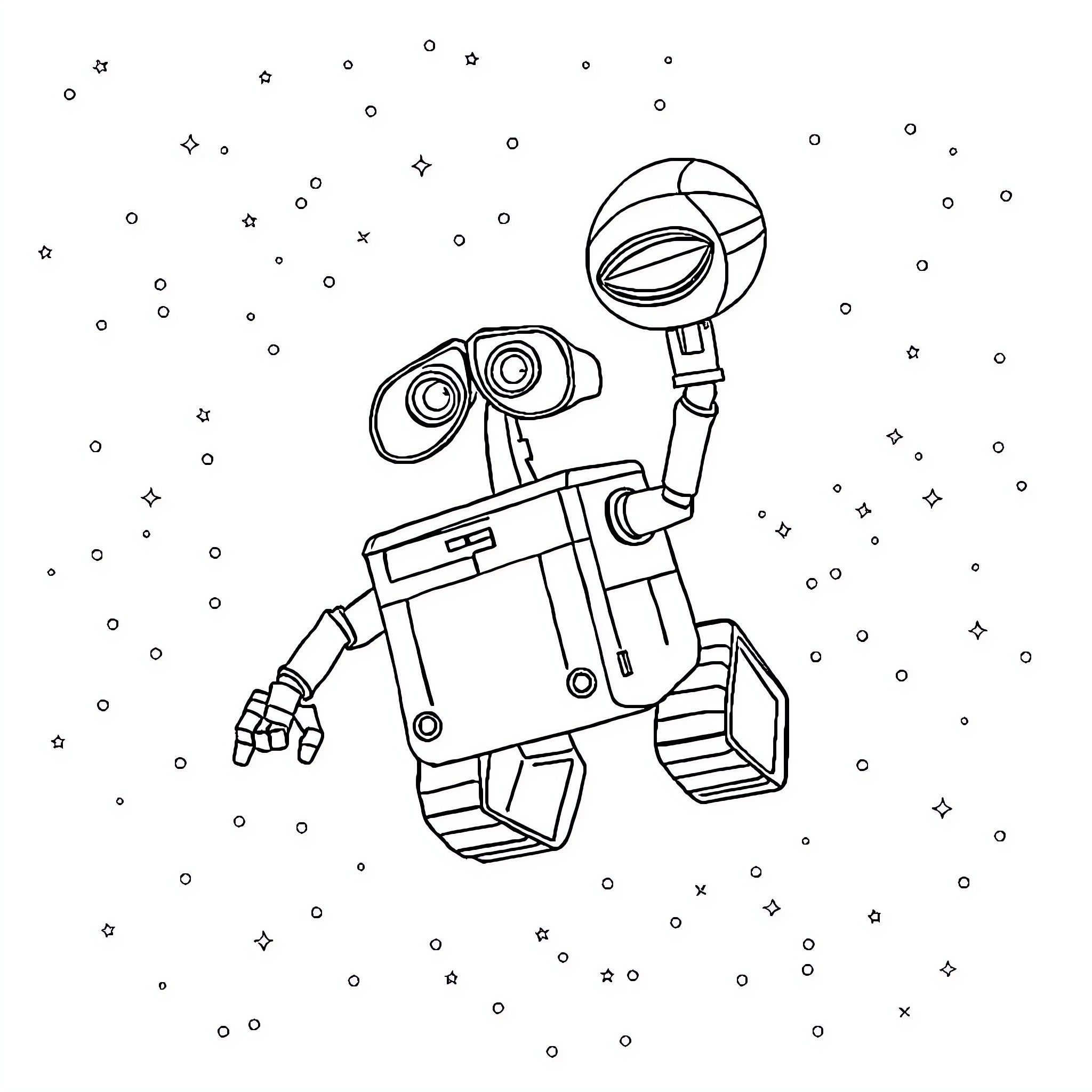 Wall-E exploring the cosmos Coloring Page (free black-and-white line drawing printable PDF for all, from beginners to advanced learners, including children, teens, adults, and seniors)