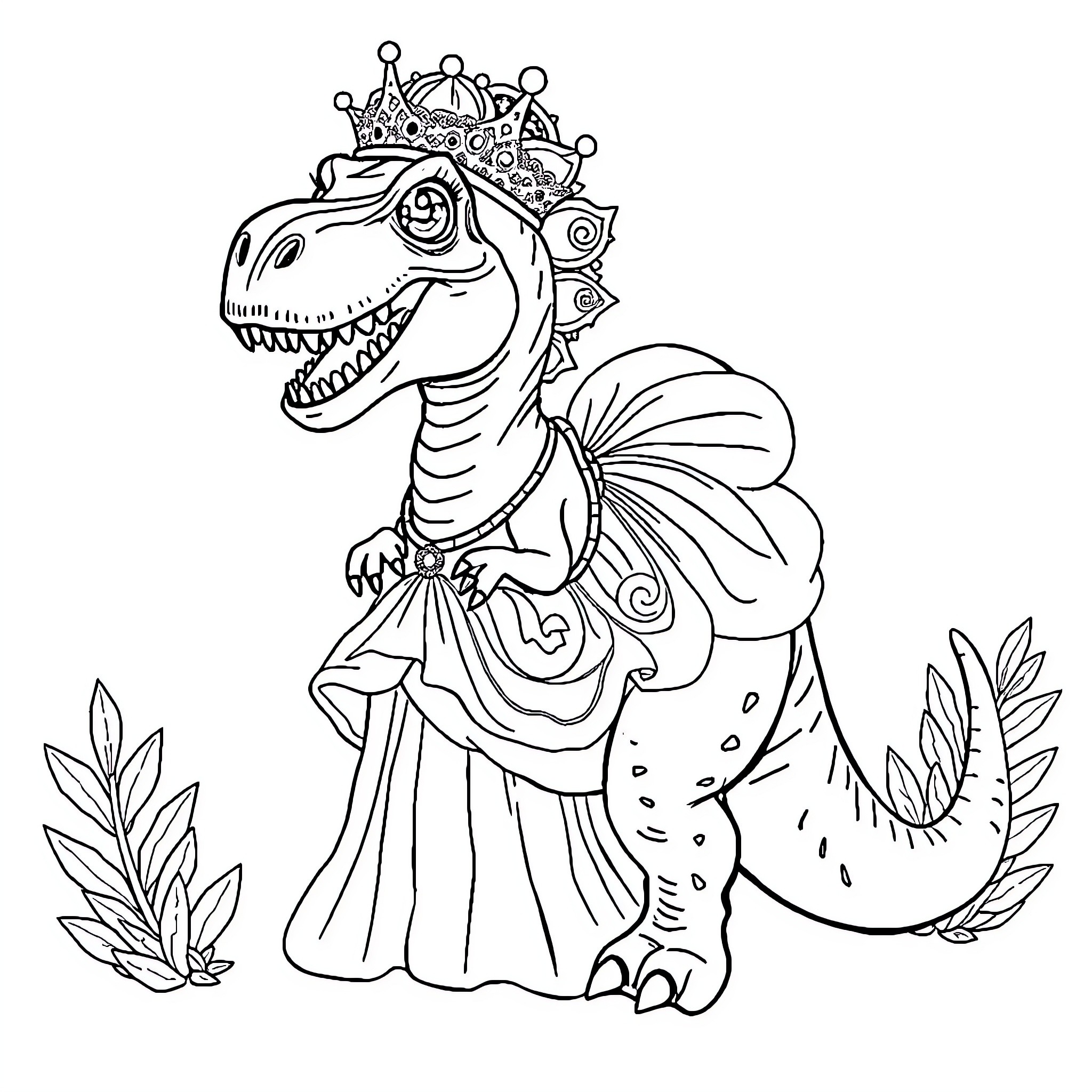 Dinosaur in regal attire with crown and embellishments Coloring Page (free black-and-white line drawing printable PDF for all, from beginners to advanced learners, including children, teens, adults, and seniors)