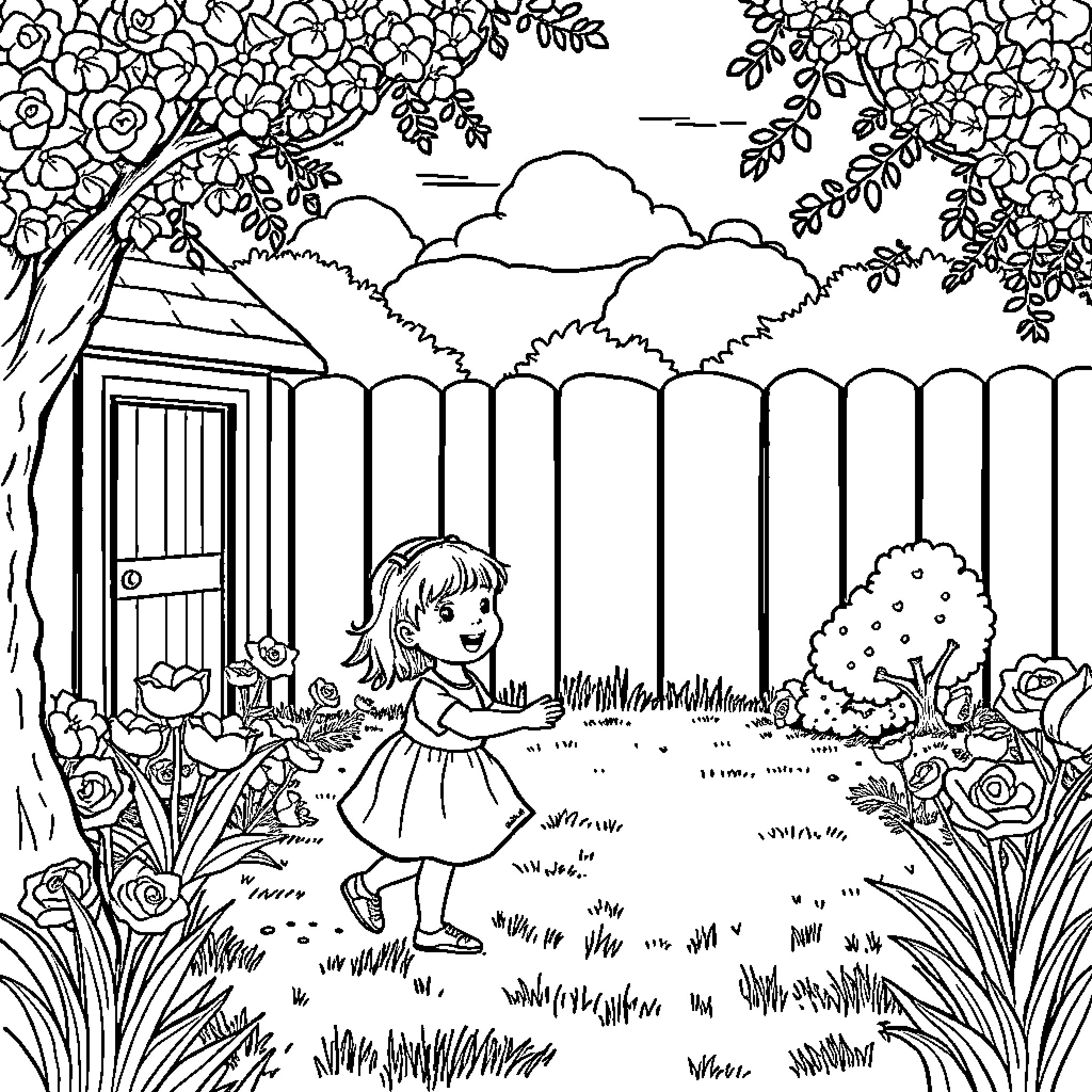 Girl exploring a whimsical garden scene Coloring Page (free black-and-white line drawing printable PDF for all, from beginners to advanced learners, including children, teens, adults, and seniors)