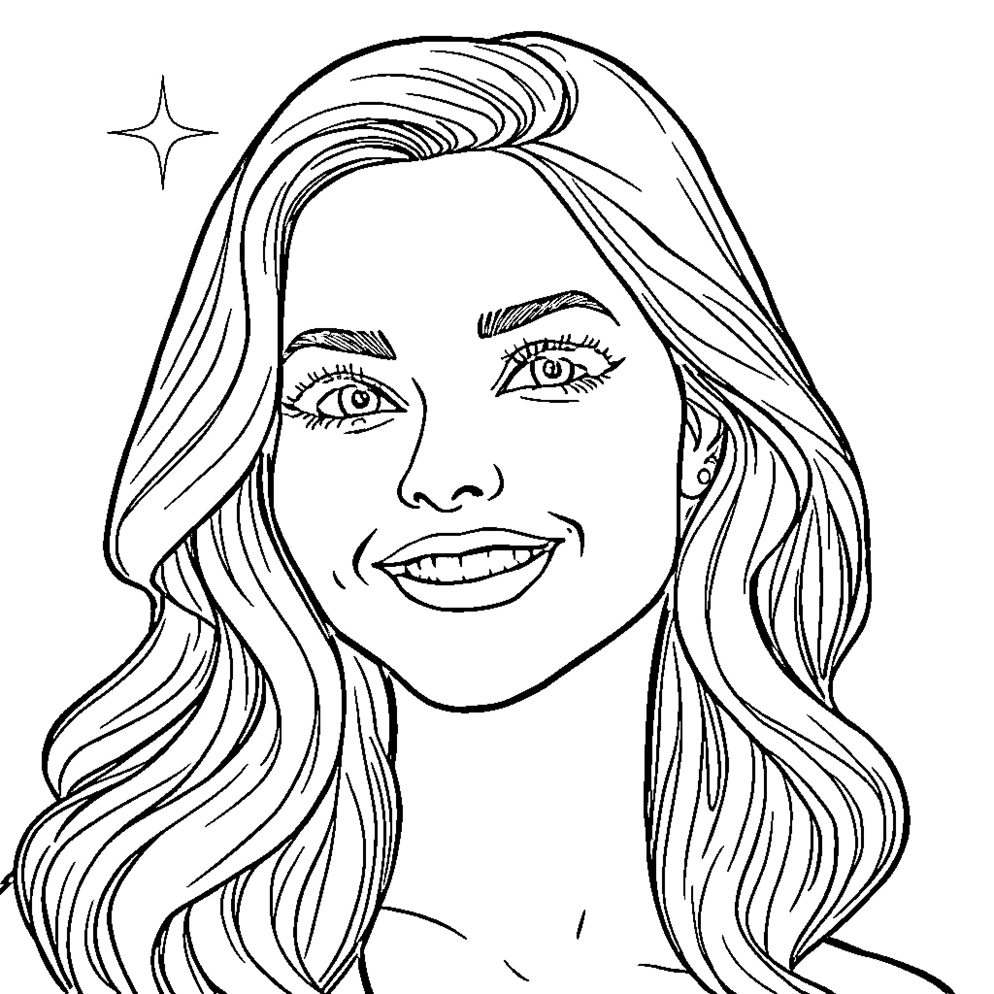 Woman with long flowing hair and bright smile Coloring Page (free black-and-white line drawing printable PDF for all, from beginners to advanced learners, including children, teens, adults, and seniors)