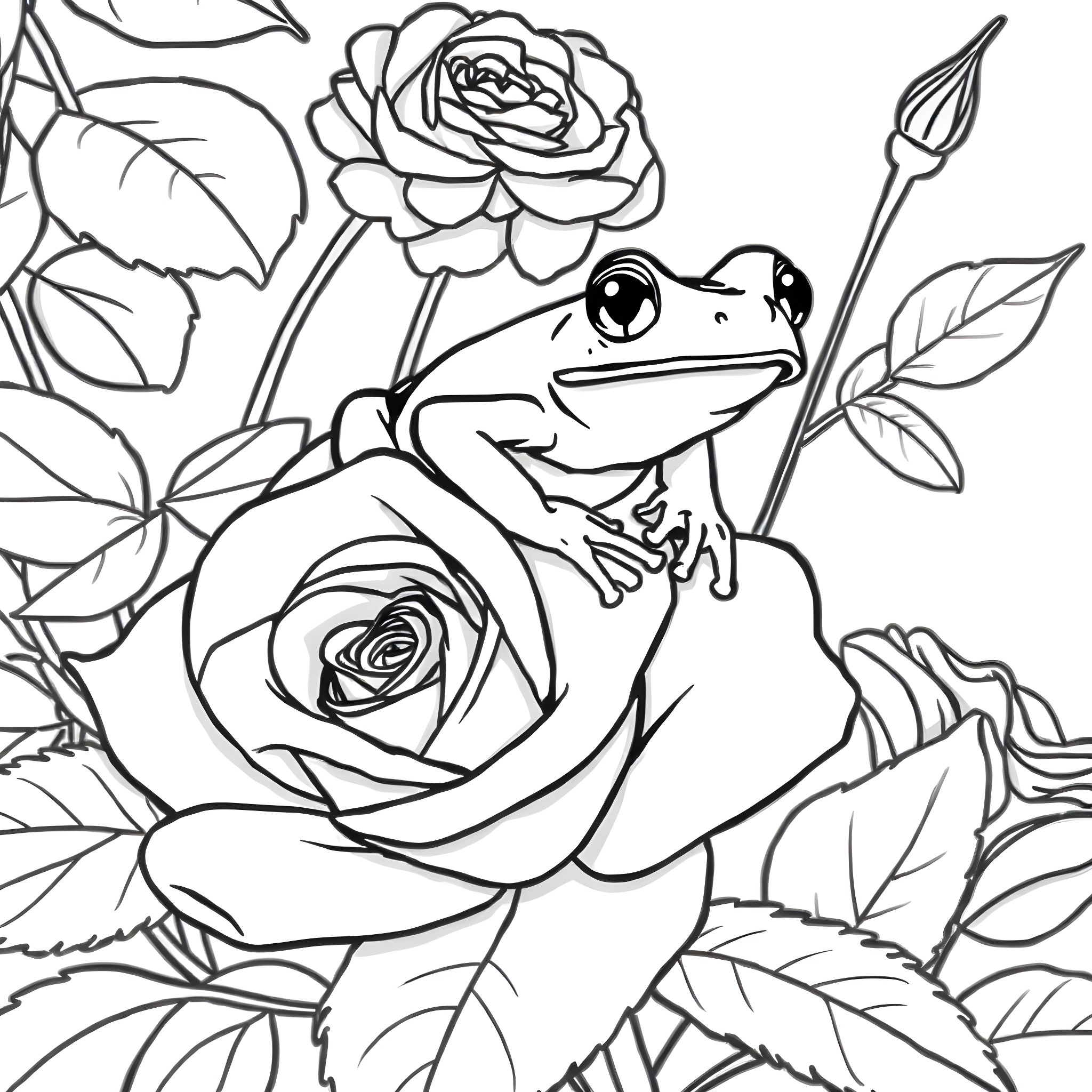 Frog hiding among roses Coloring Page (free black-and-white line drawing printable PDF for all, from beginners to advanced learners, including children, teens, adults, and seniors)
