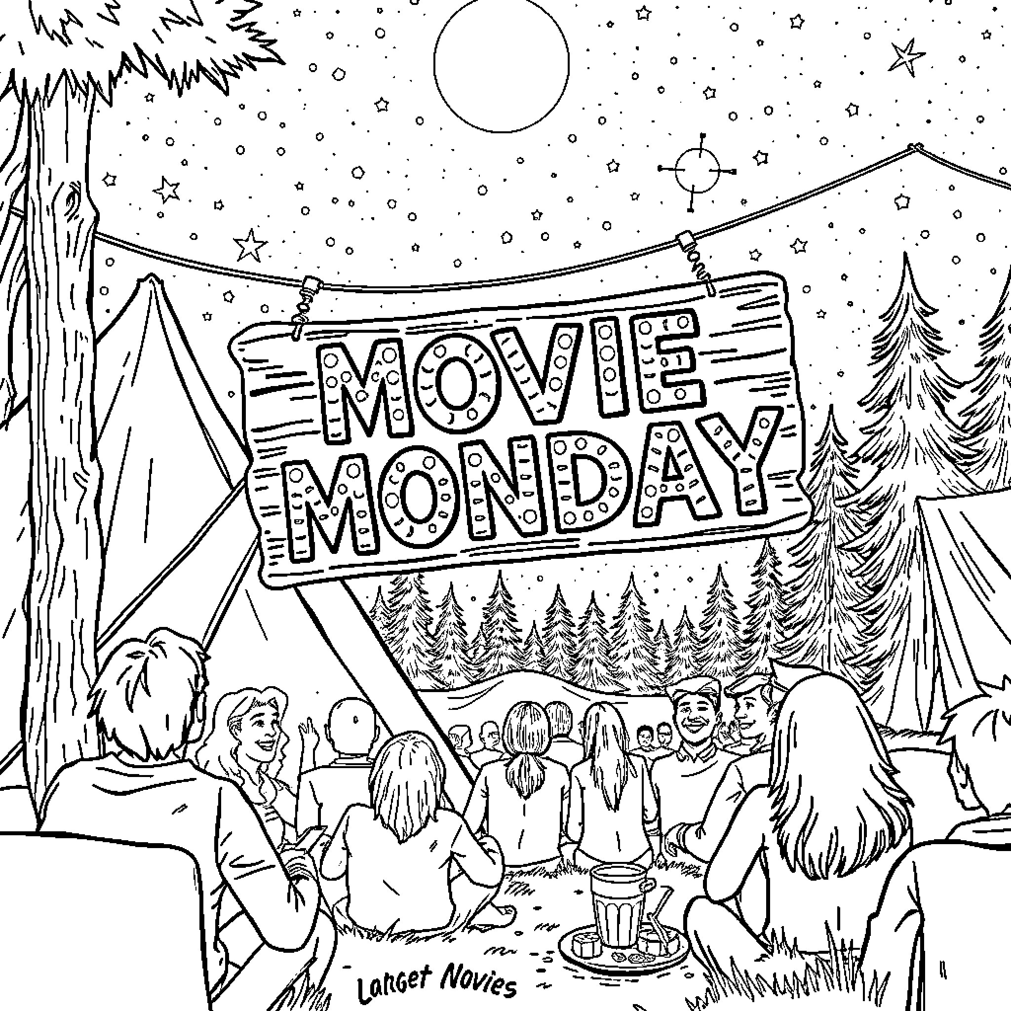Movie Monday at the Outdoor Cinema Coloring Page (free black-and-white line drawing printable PDF for all, from beginners to advanced learners, including children, teens, adults, and seniors)