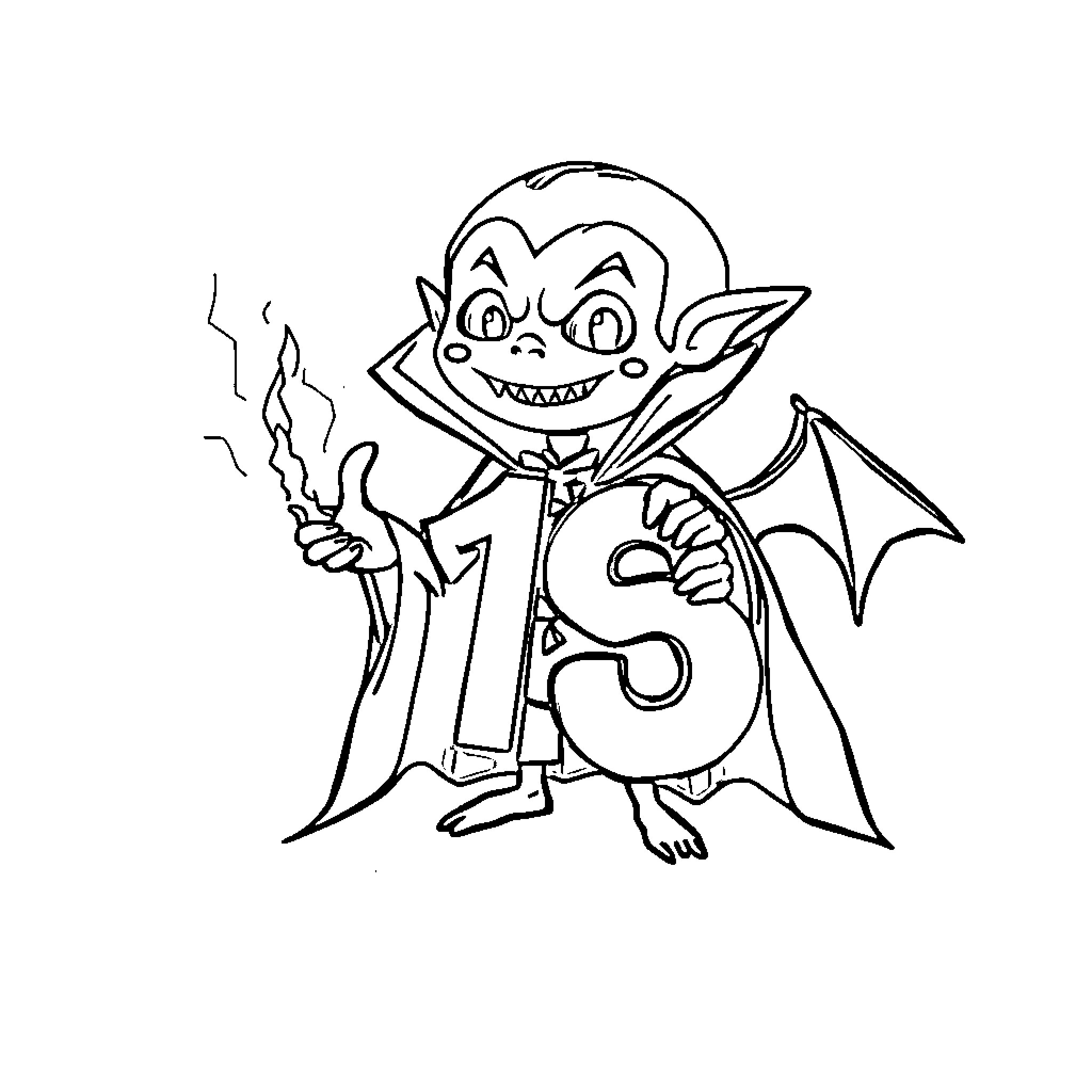 Vampire child with mischievous expression and bat wings Coloring Page (free black-and-white line drawing printable PDF for all, from beginners to advanced learners, including children, teens, adults, and seniors)