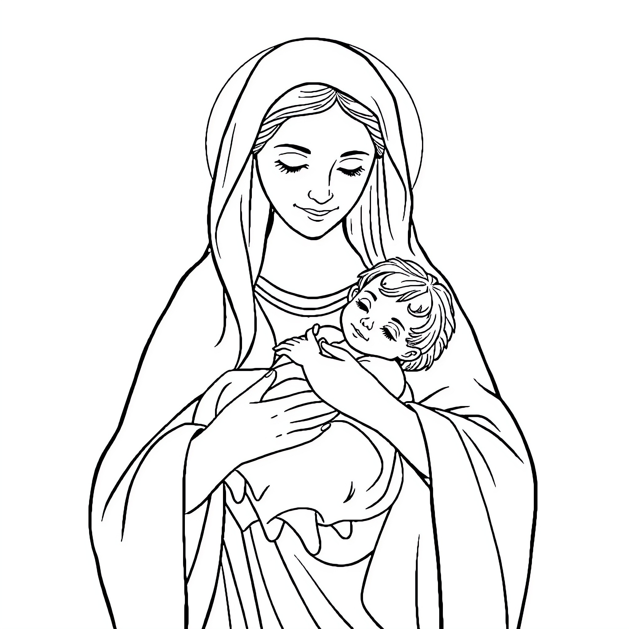 Mary's Tender Embrace of the Child Coloring Page (free black-and-white line drawing printable PDF for all, from beginners to advanced learners, including children, teens, adults, and seniors)
