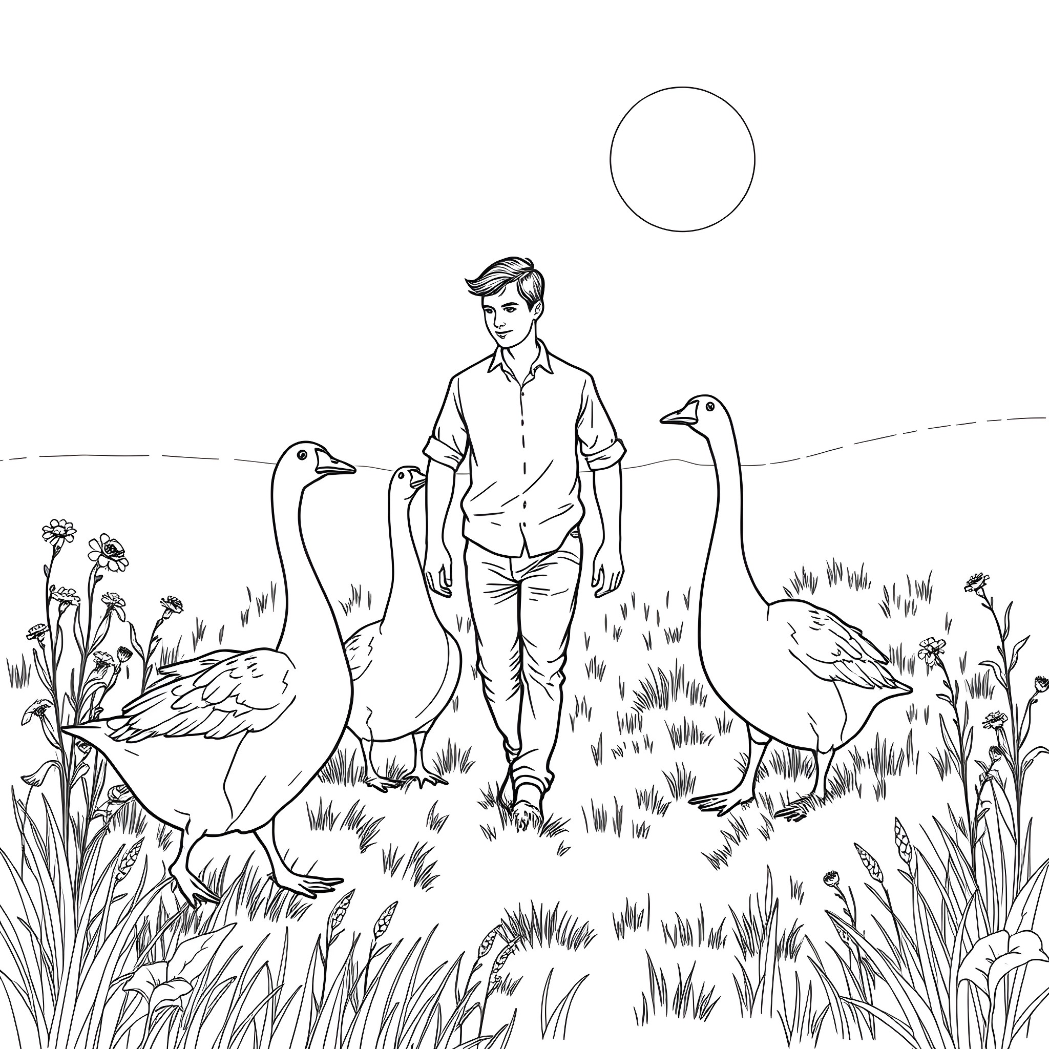 Man walking through field with geese Coloring Page (free black-and-white line drawing printable PDF for all, from beginners to advanced learners, including children, teens, adults, and seniors)