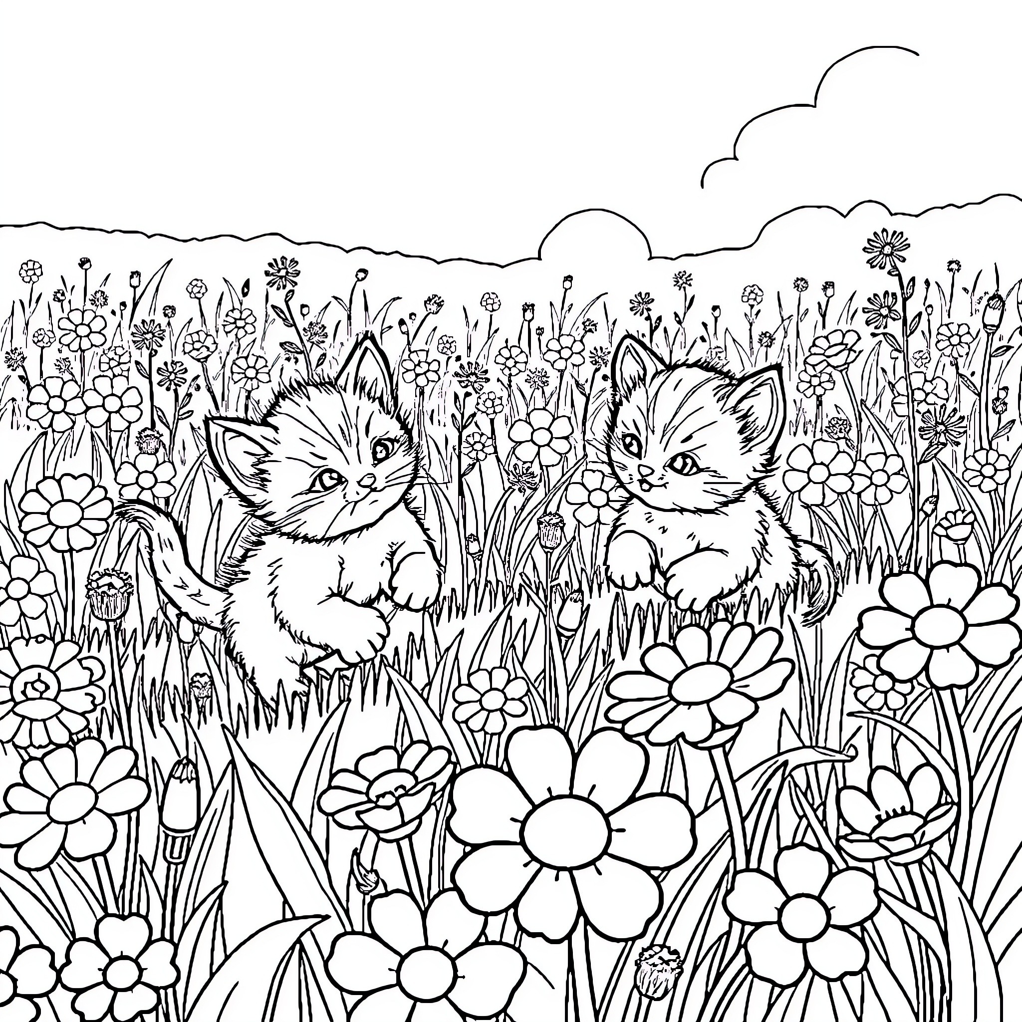 Kittens frolicking in a floral meadow Coloring Page (free black-and-white line drawing printable PDF for all, from beginners to advanced learners, including children, teens, adults, and seniors)