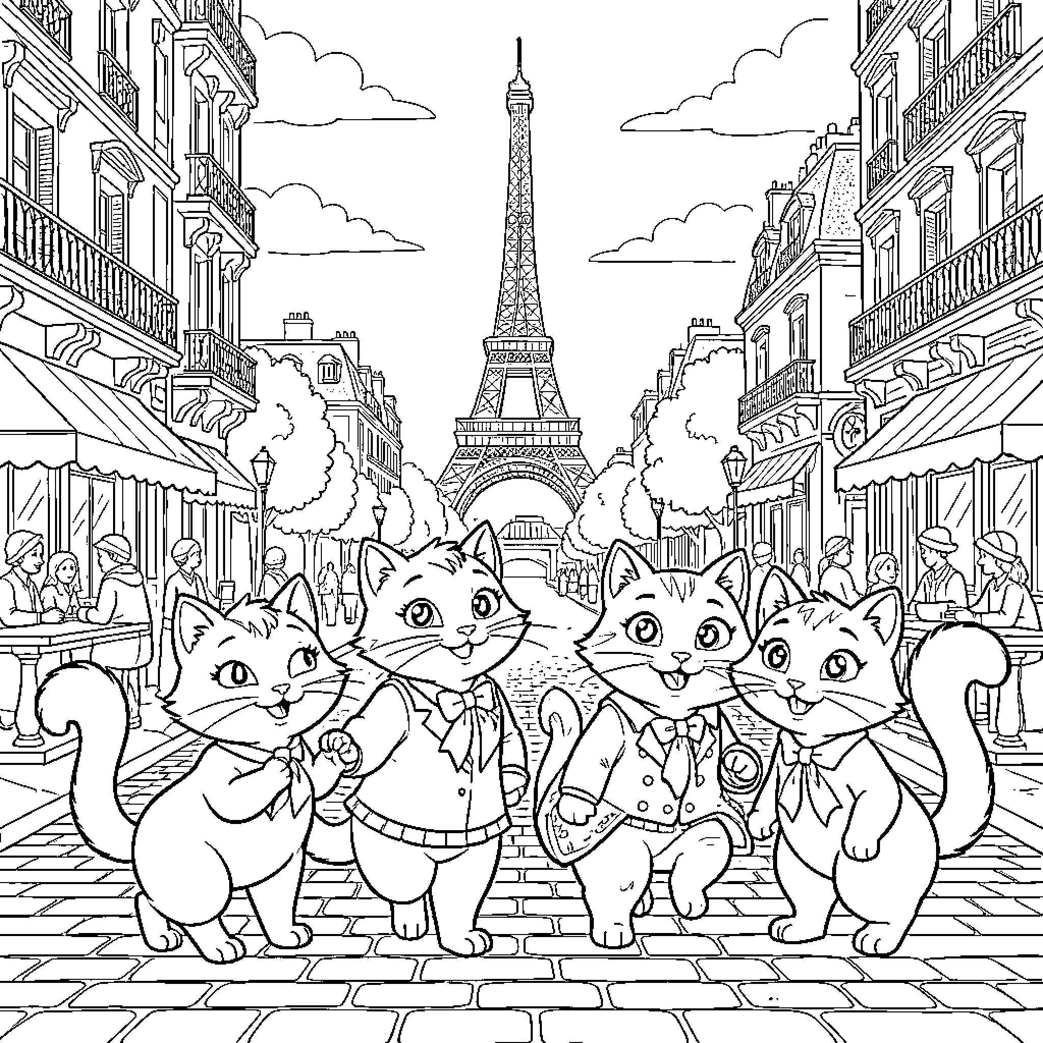 Aristocats walking joyfully through a Parisian street Coloring Page (free black-and-white line drawing printable PDF for all, from beginners to advanced learners, including children, teens, adults, and seniors)