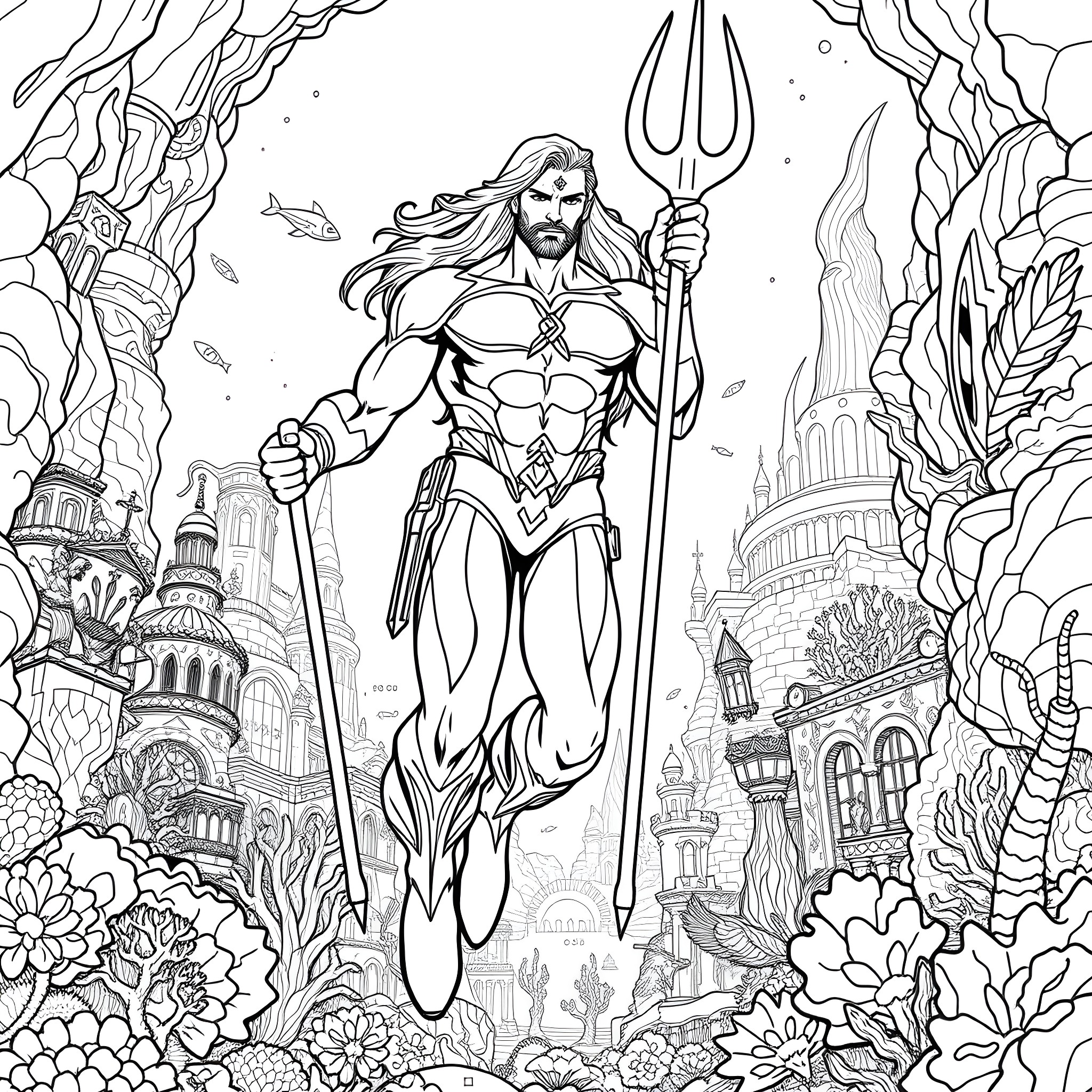 Aquaman, the Powerful Underwater Ruler Wielding a Trident Coloring Page (free black-and-white line drawing printable PDF for all, from beginners to advanced learners, including children, teens, adults, and seniors)