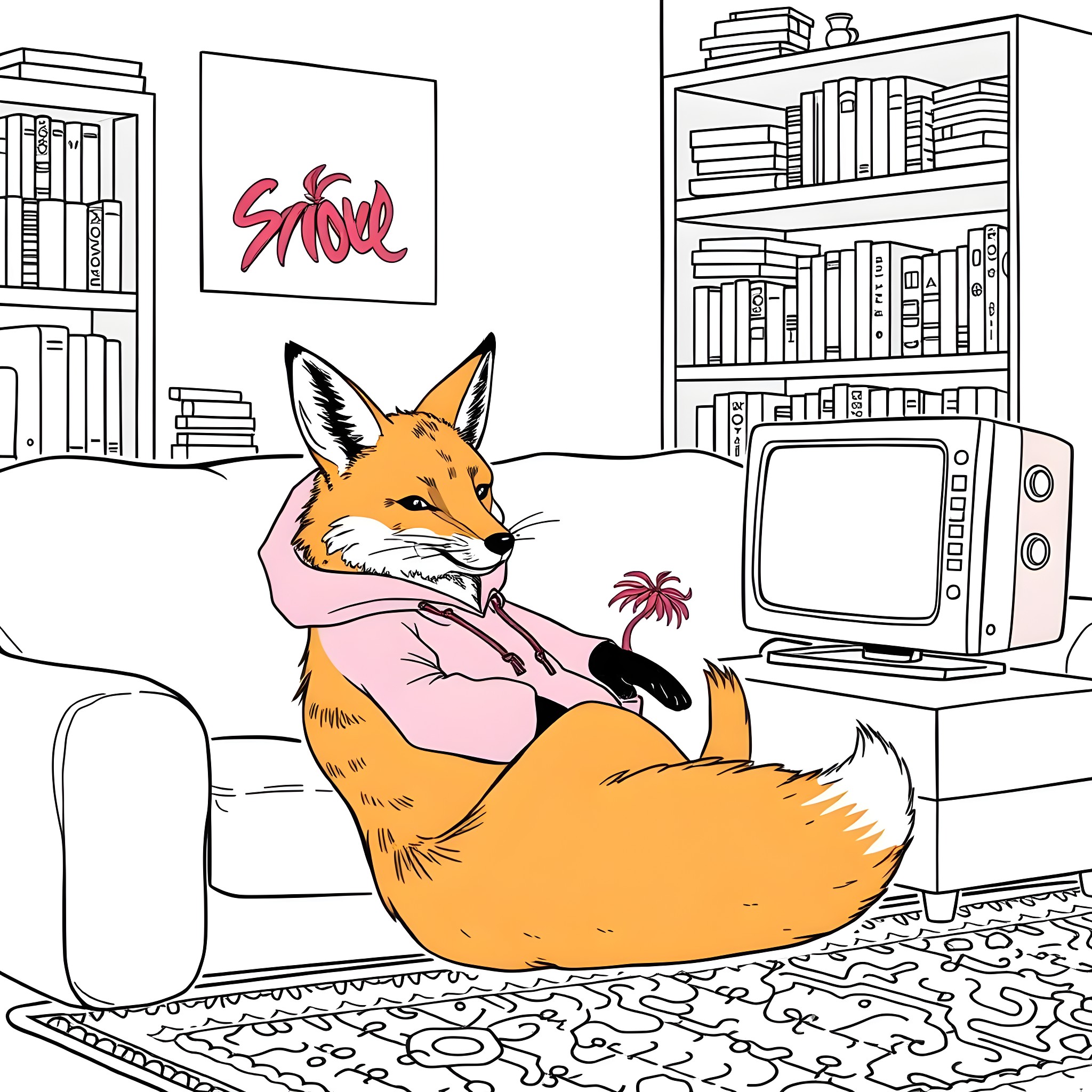 Fox enjoying some television in a cozy room Coloring Page (free black-and-white line drawing printable PDF for all, from beginners to advanced learners, including children, teens, adults, and seniors)