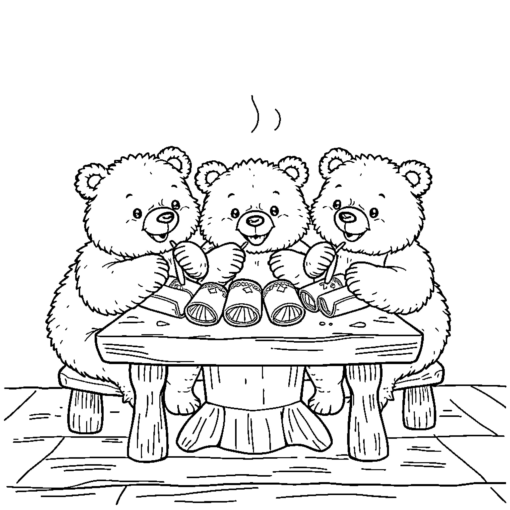 Bear friends enjoying a picnic together Coloring Page (free black-and-white line drawing printable PDF for all, from beginners to advanced learners, including children, teens, adults, and seniors)