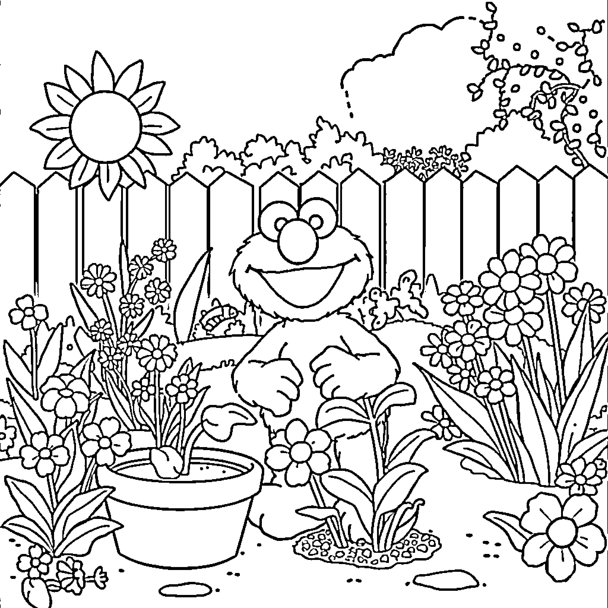 Elmo enjoying a garden filled with flowers Coloring Page (free black-and-white line drawing printable PDF for all, from beginners to advanced learners, including children, teens, adults, and seniors)