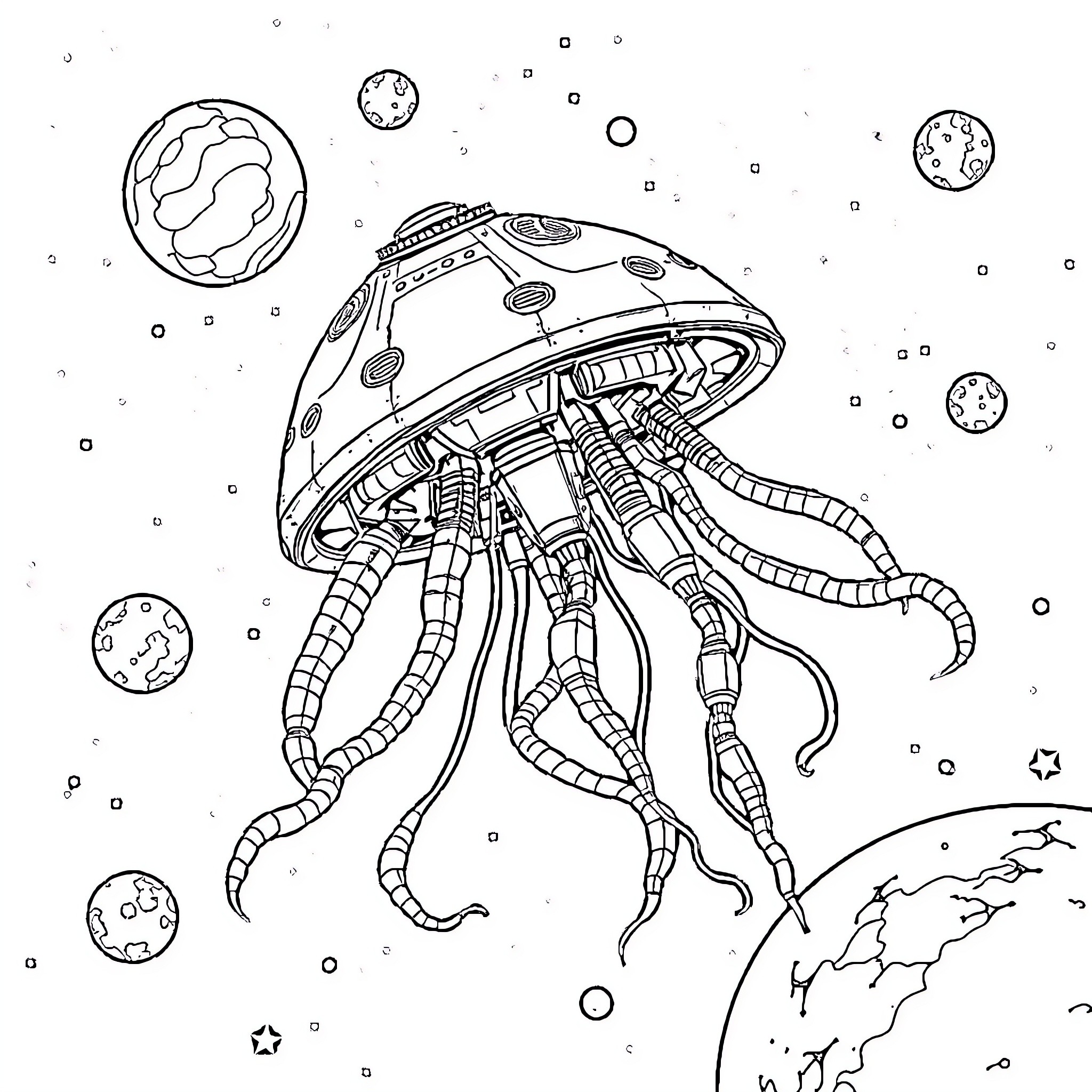 Jellyfish exploring the cosmos Coloring Page (free black-and-white line drawing printable PDF for all, from beginners to advanced learners, including children, teens, adults, and seniors)