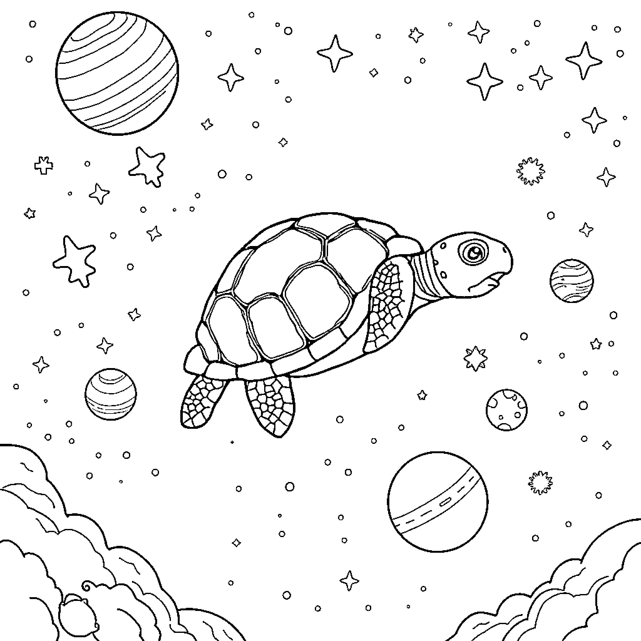 Turtle exploring the cosmic universe Coloring Page (free black-and-white line drawing printable PDF for all, from beginners to advanced learners, including children, teens, adults, and seniors)