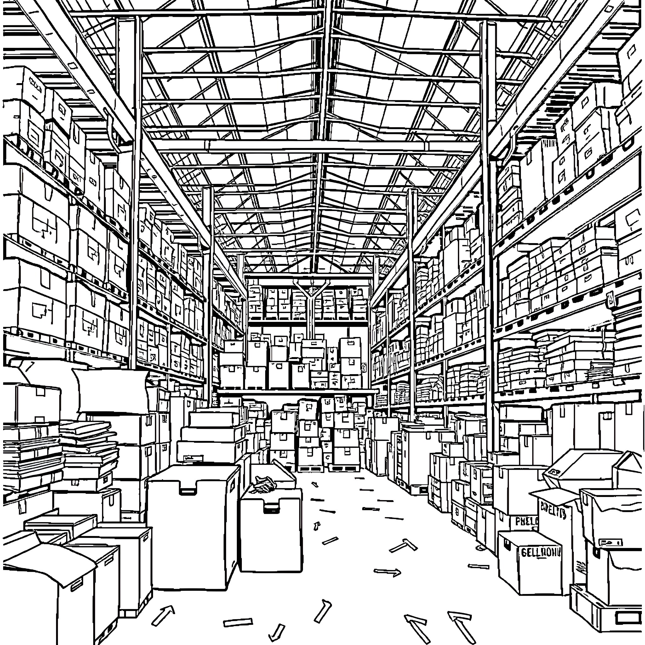 Imperial Dade: Inside a Bustling Warehouse Coloring Page (free black-and-white line drawing printable PDF for all, from beginners to advanced learners, including children, teens, adults, and seniors)