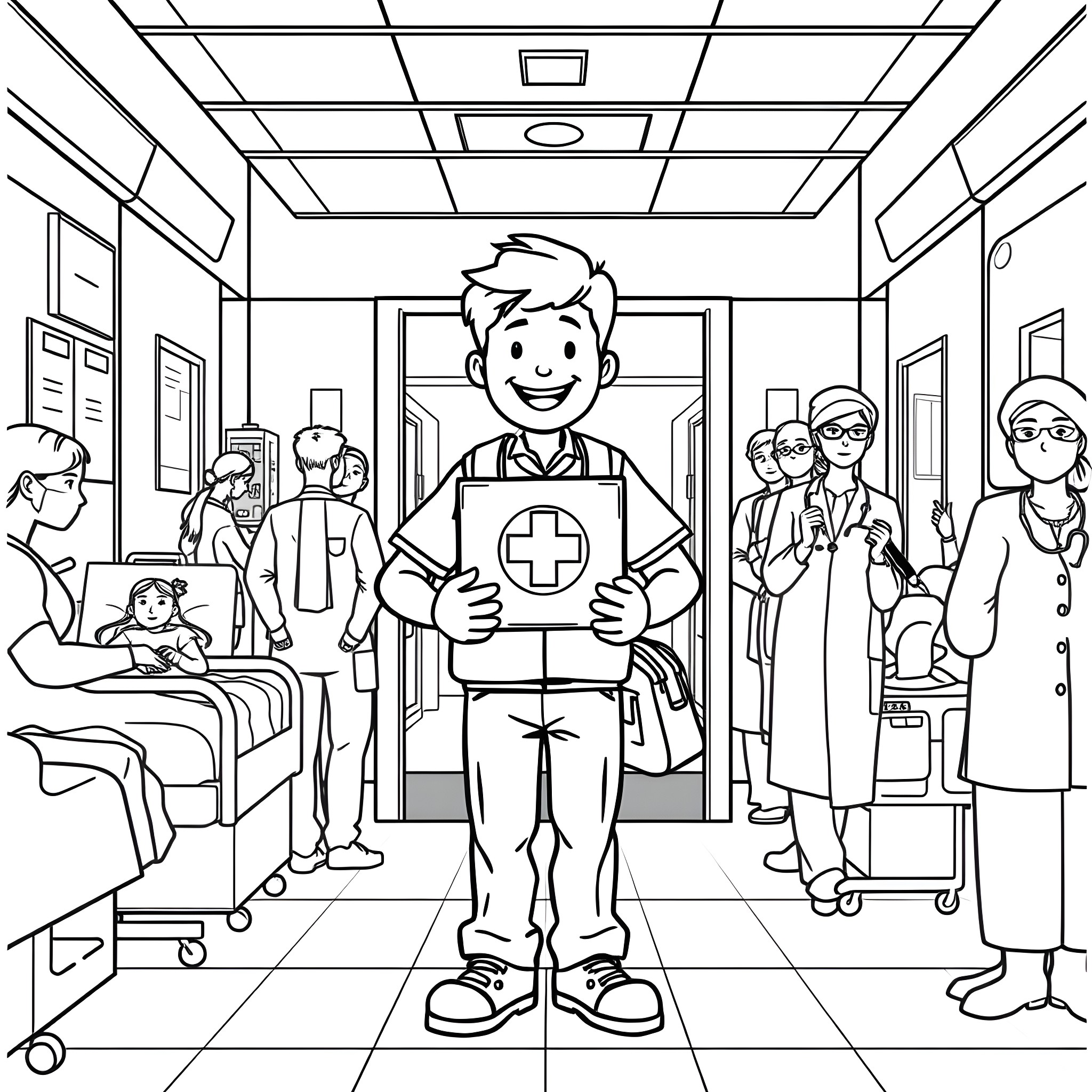 Hospital staff caring for patients in the ward Coloring Page (free black-and-white line drawing printable PDF for all, from beginners to advanced learners, including children, teens, adults, and seniors)