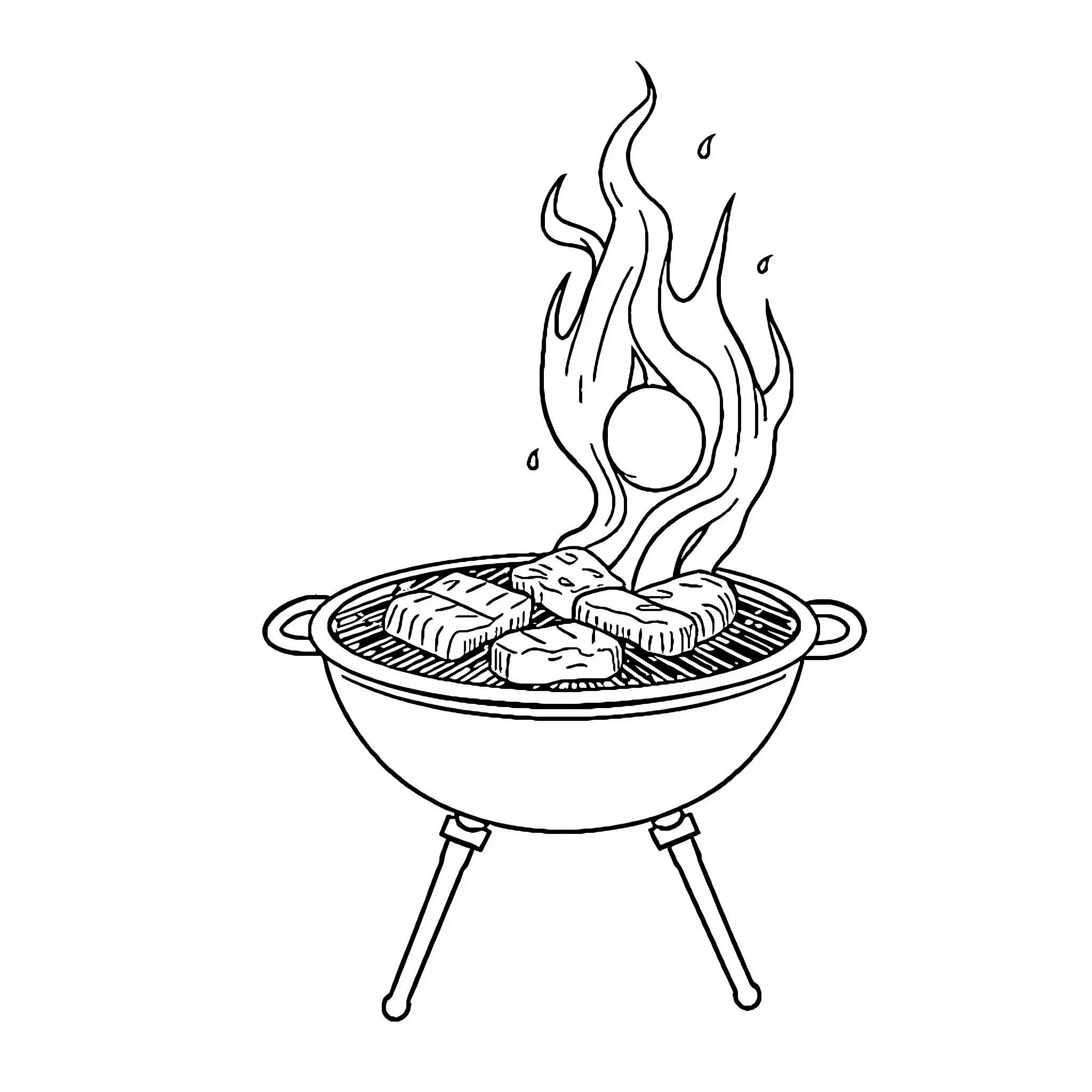 BBQ Grill with Sizzling Steaks and Flames Coloring Page (free black-and-white line drawing printable PDF for all, from beginners to advanced learners, including children, teens, adults, and seniors)