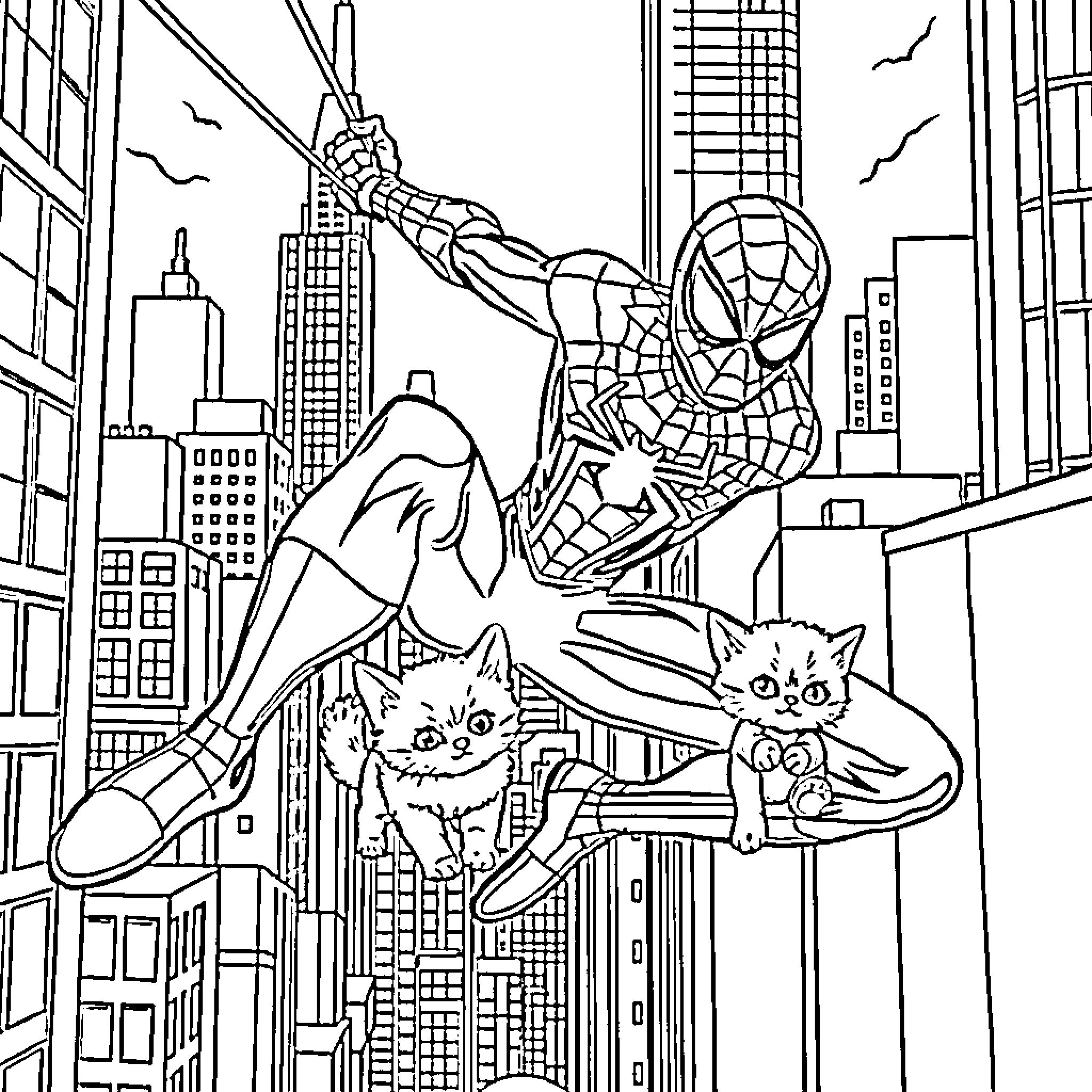 Spiderman swinging through the city with cats Coloring Page (free black-and-white line drawing printable PDF for all, from beginners to advanced learners, including children, teens, adults, and seniors)