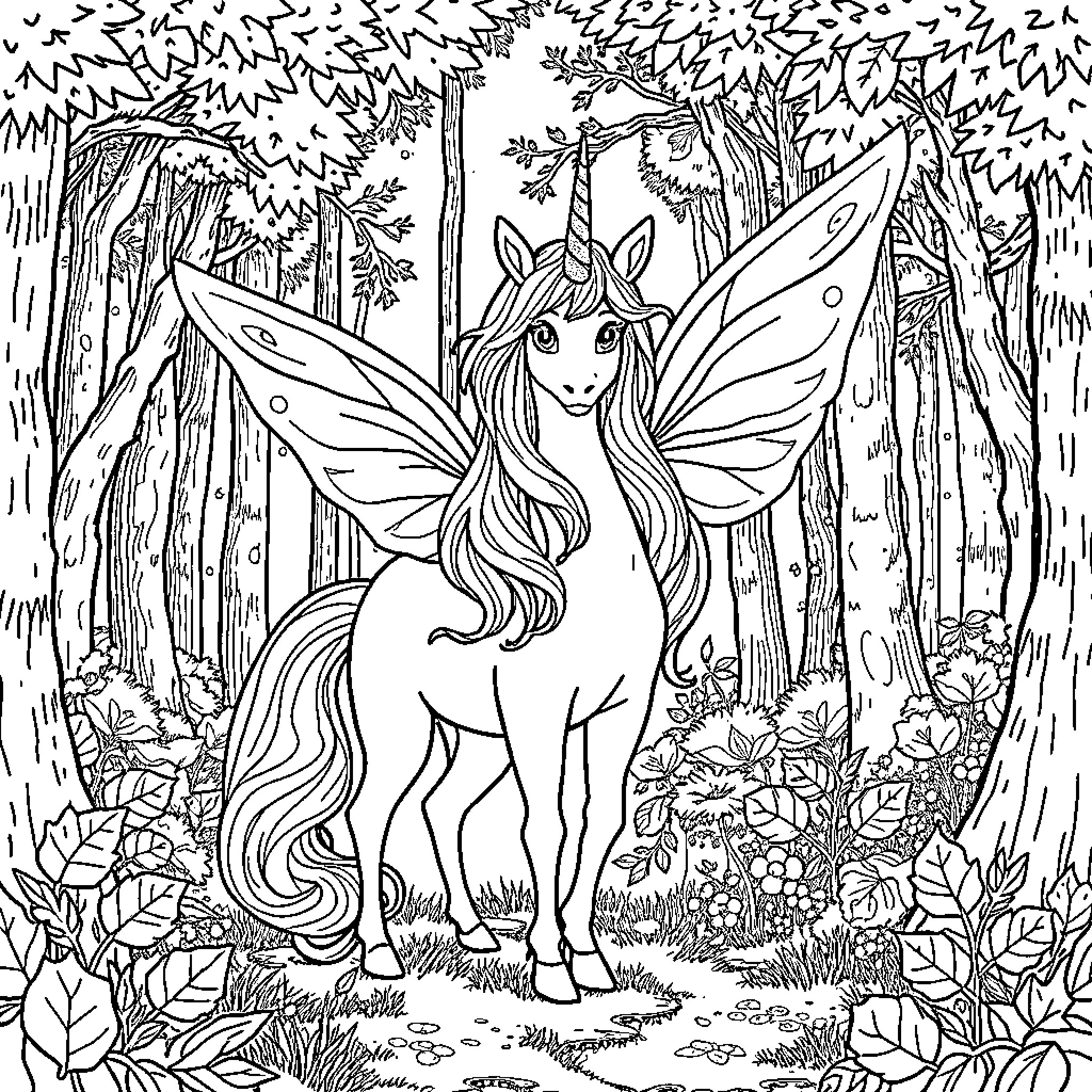 Unicorn fairy in enchanted forest Coloring Page (free black-and-white line drawing printable PDF for all, from beginners to advanced learners, including children, teens, adults, and seniors)