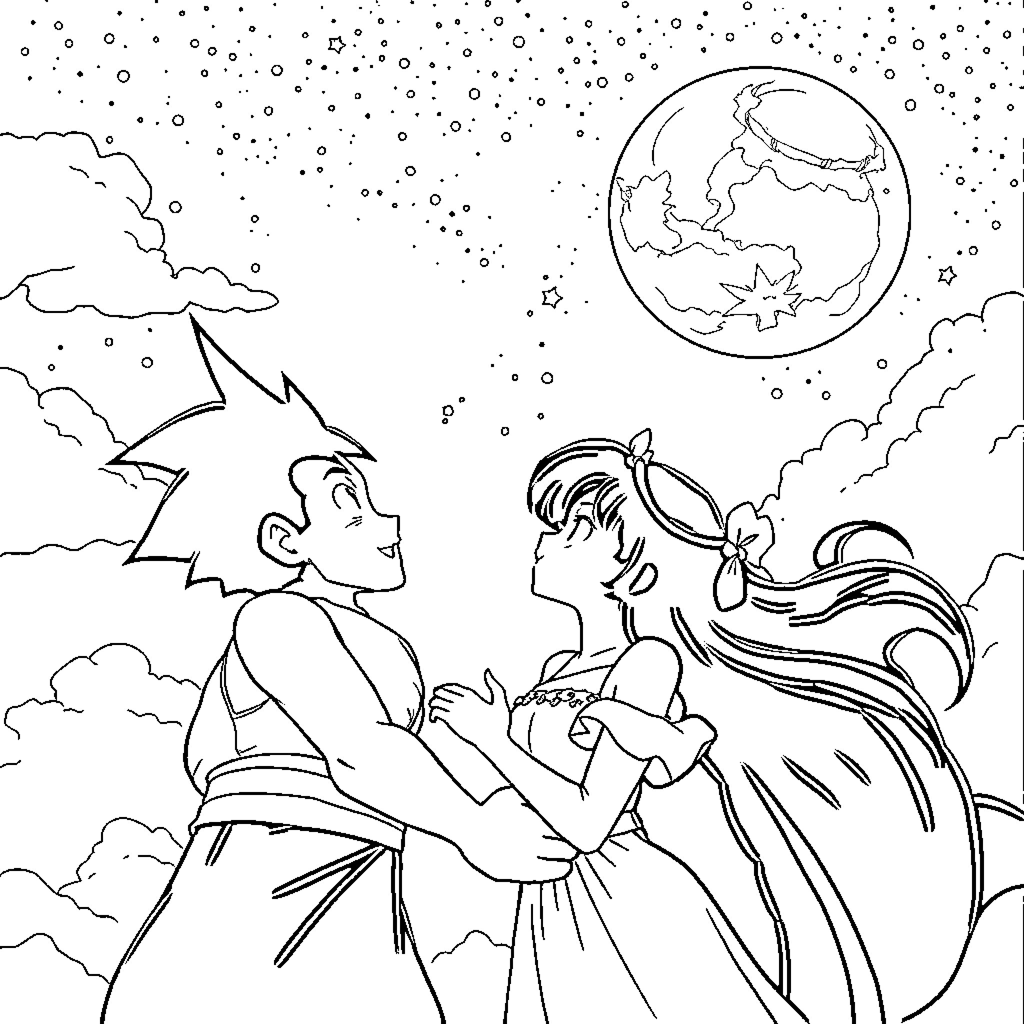 Sangohan's Starry Night Dance Coloring Page (free black-and-white line drawing printable PDF for all, from beginners to advanced learners, including children, teens, adults, and seniors)