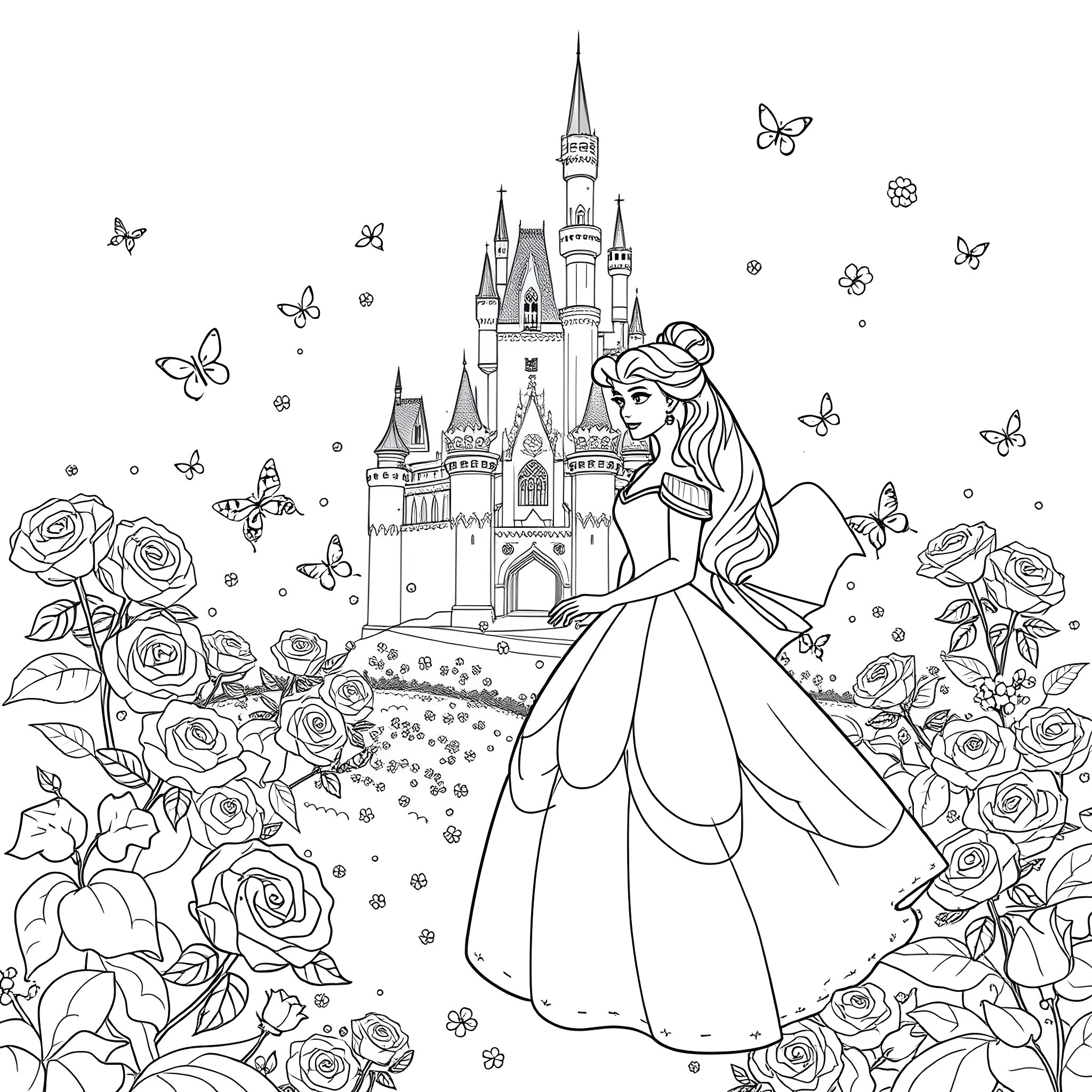 Belle Embracing the Enchanting Castle Amid Blossoming Roses Coloring Page (free black-and-white line drawing printable PDF for all, from beginners to advanced learners, including children, teens, adults, and seniors)