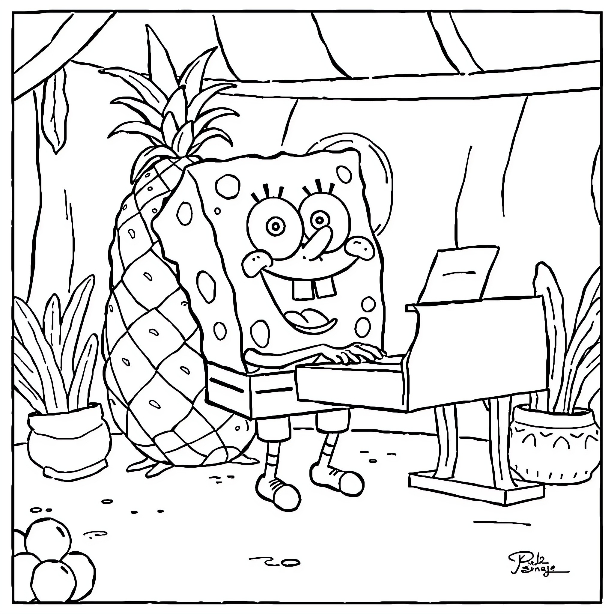 Spongebob playing piano in a forest setting Coloring Page (free black-and-white line drawing printable PDF for all, from beginners to advanced learners, including children, teens, adults, and seniors)
