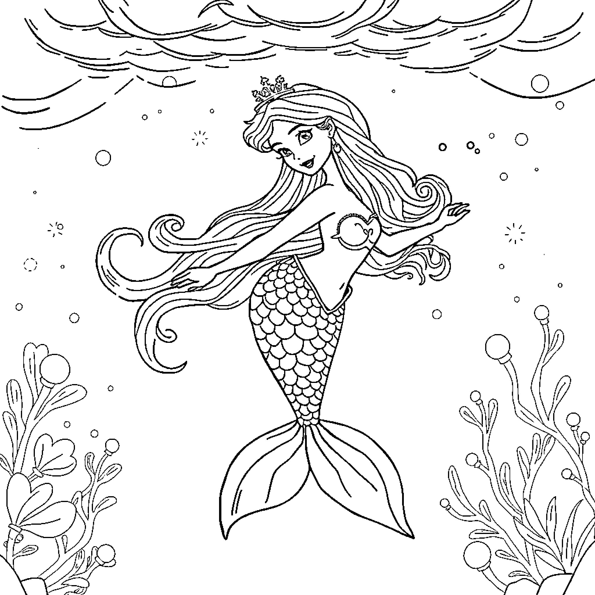 Mermaid exploring the underwater world Coloring Page (free black-and-white line drawing printable PDF for all, from beginners to advanced learners, including children, teens, adults, and seniors)