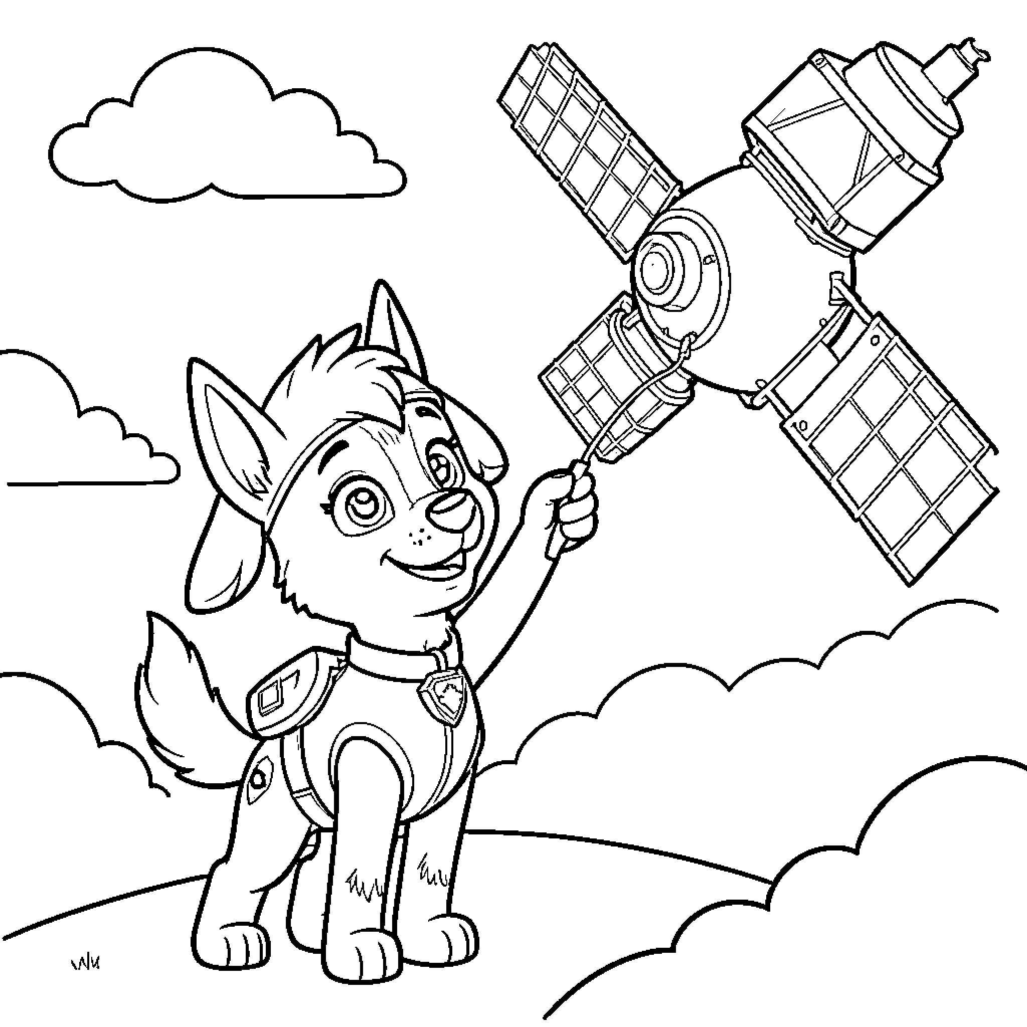 Skye holding a satellite high in the sky Coloring Page (free black-and-white line drawing printable PDF for all, from beginners to advanced learners, including children, teens, adults, and seniors)
