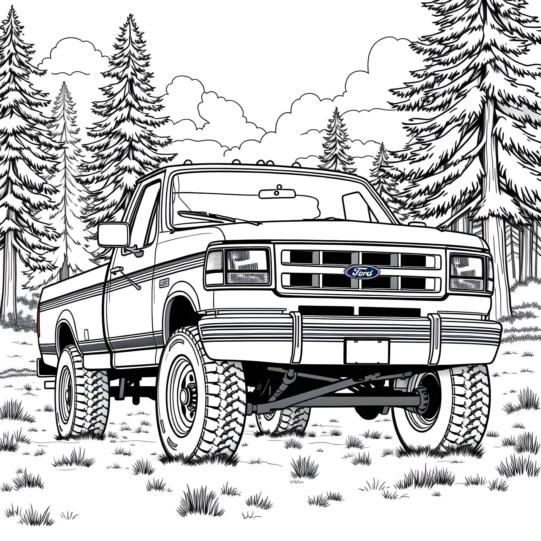 Ford F350 Off-Road Adventure in the Wilderness Coloring Page (free black-and-white line drawing printable PDF for all, from beginners to advanced learners, including children, teens, adults, and seniors)