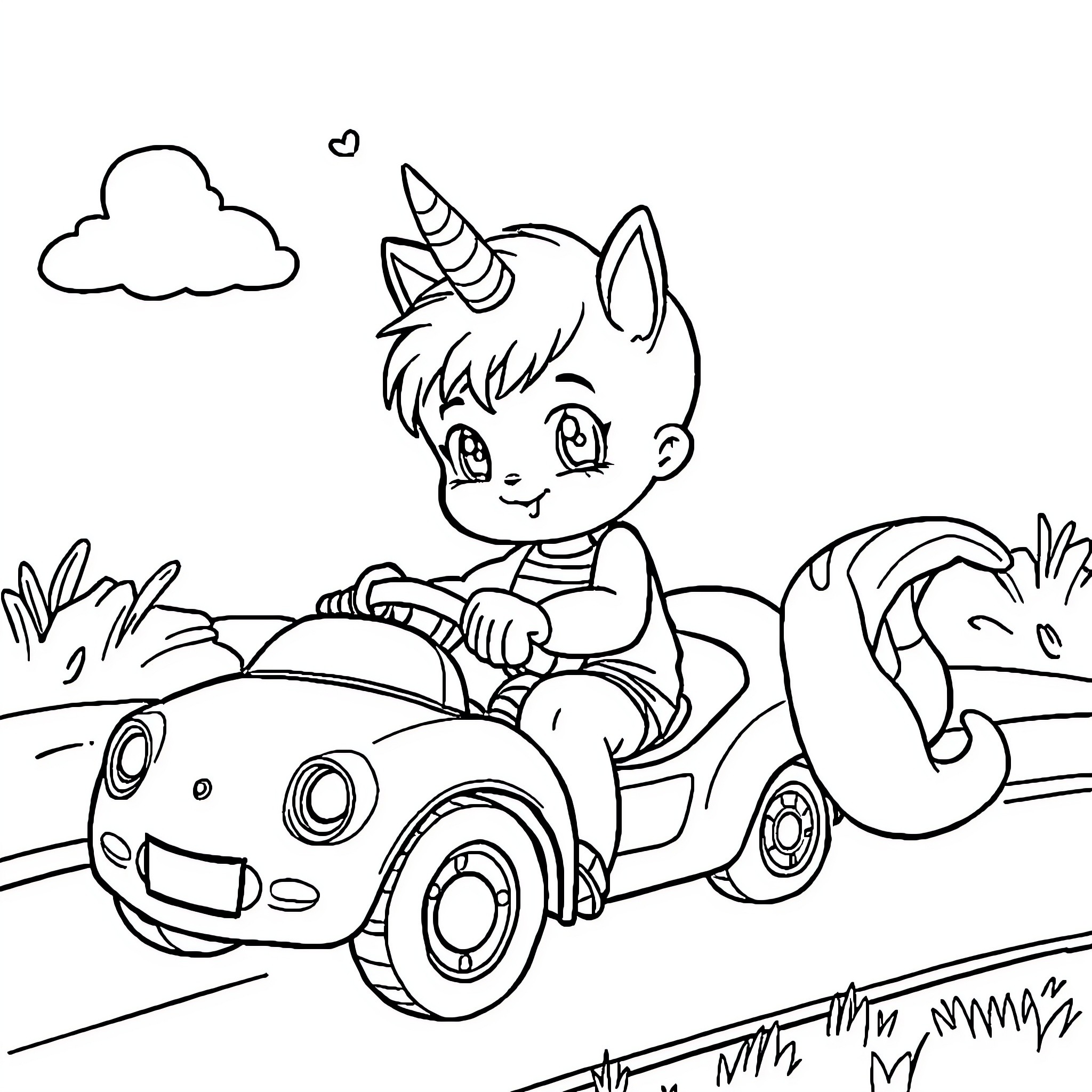 Child driving a toy car in a whimsical scene Coloring Page (free black-and-white line drawing printable PDF for all, from beginners to advanced learners, including children, teens, adults, and seniors)