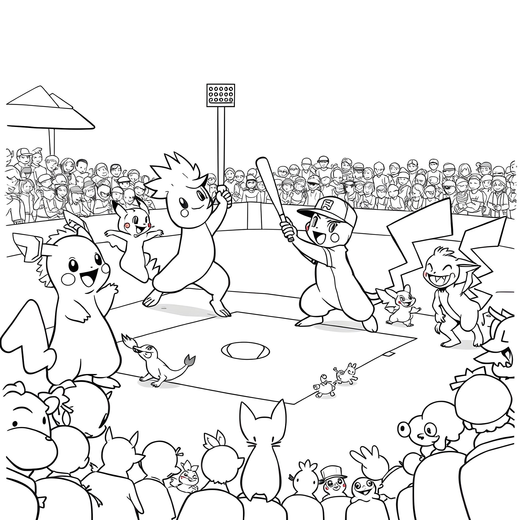 Pokémon characters playing and celebrating in a stadium Coloring Page (free black-and-white line drawing printable PDF for all, from beginners to advanced learners, including children, teens, adults, and seniors)