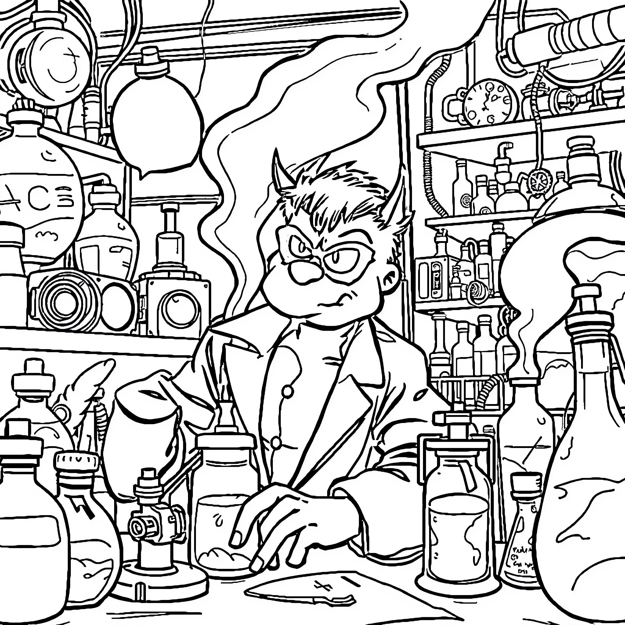 Dexter's Whimsical Laboratory Coloring Page (free black-and-white line drawing printable PDF for all, from beginners to advanced learners, including children, teens, adults, and seniors)