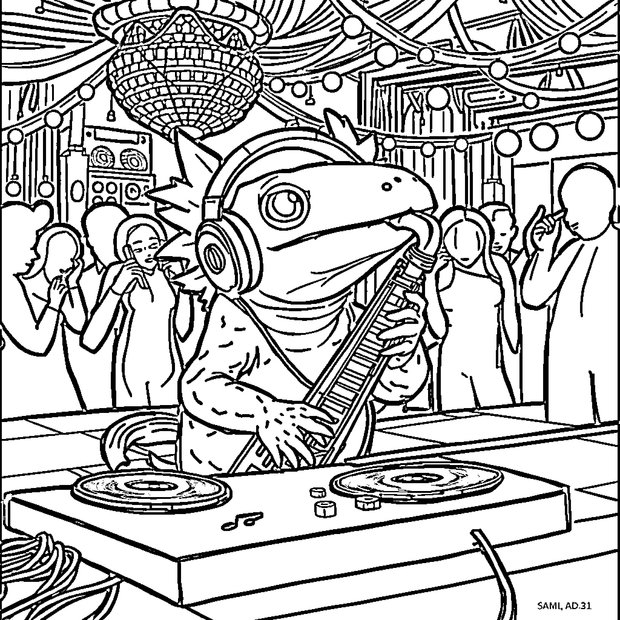 Axolotl DJ rocking the dance floor Coloring Page (free black-and-white line drawing printable PDF for all, from beginners to advanced learners, including children, teens, adults, and seniors)