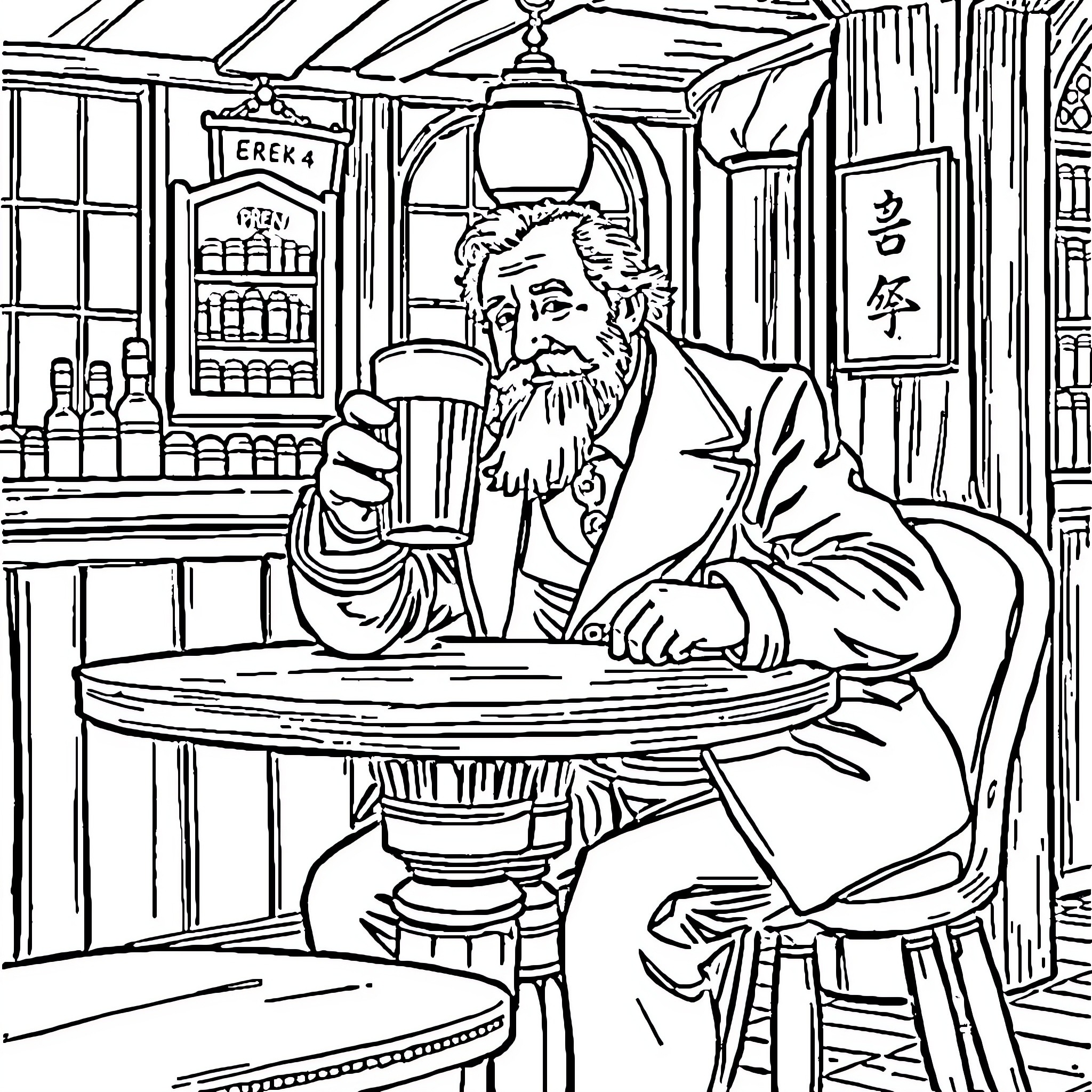 Isambard Kingdom Brunel enjoying a drink in an old-fashioned tavern Coloring Page (free black-and-white line drawing printable PDF for all, from beginners to advanced learners, including children, teens, adults, and seniors)