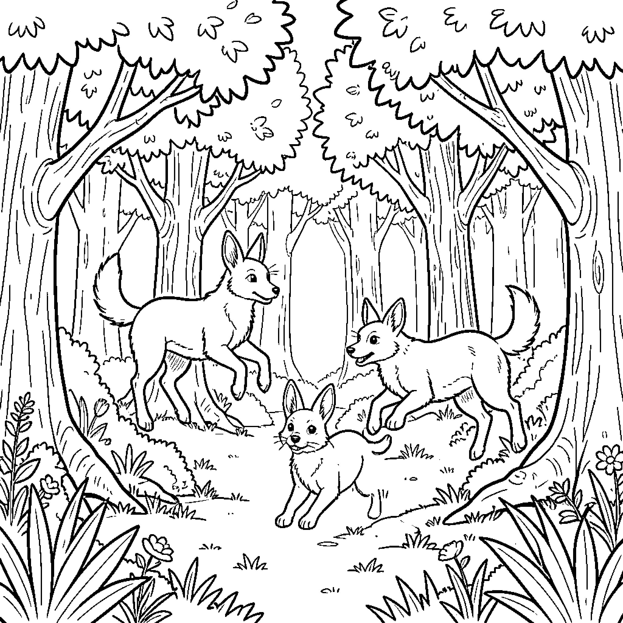 Rabbit Family Exploring the Enchanted Forest Coloring Page (free black-and-white line drawing printable PDF for all, from beginners to advanced learners, including children, teens, adults, and seniors)