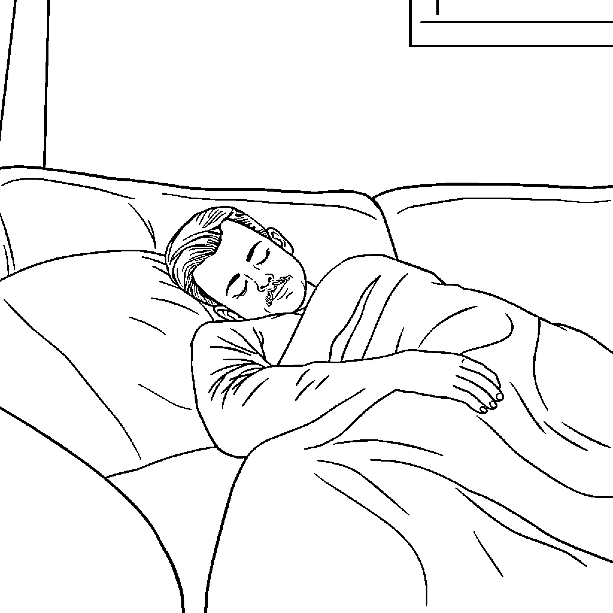 Dad sleeping peacefully on the couch Coloring Page (free black-and-white line drawing printable PDF for all, from beginners to advanced learners, including children, teens, adults, and seniors)