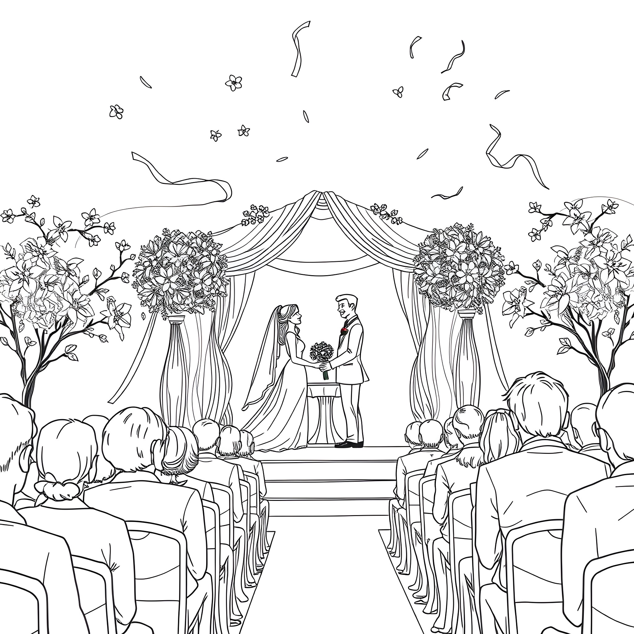 Wedding ceremony with bride and groom under floral arch Coloring Page (free black-and-white line drawing printable PDF for all, from beginners to advanced learners, including children, teens, adults, and seniors)