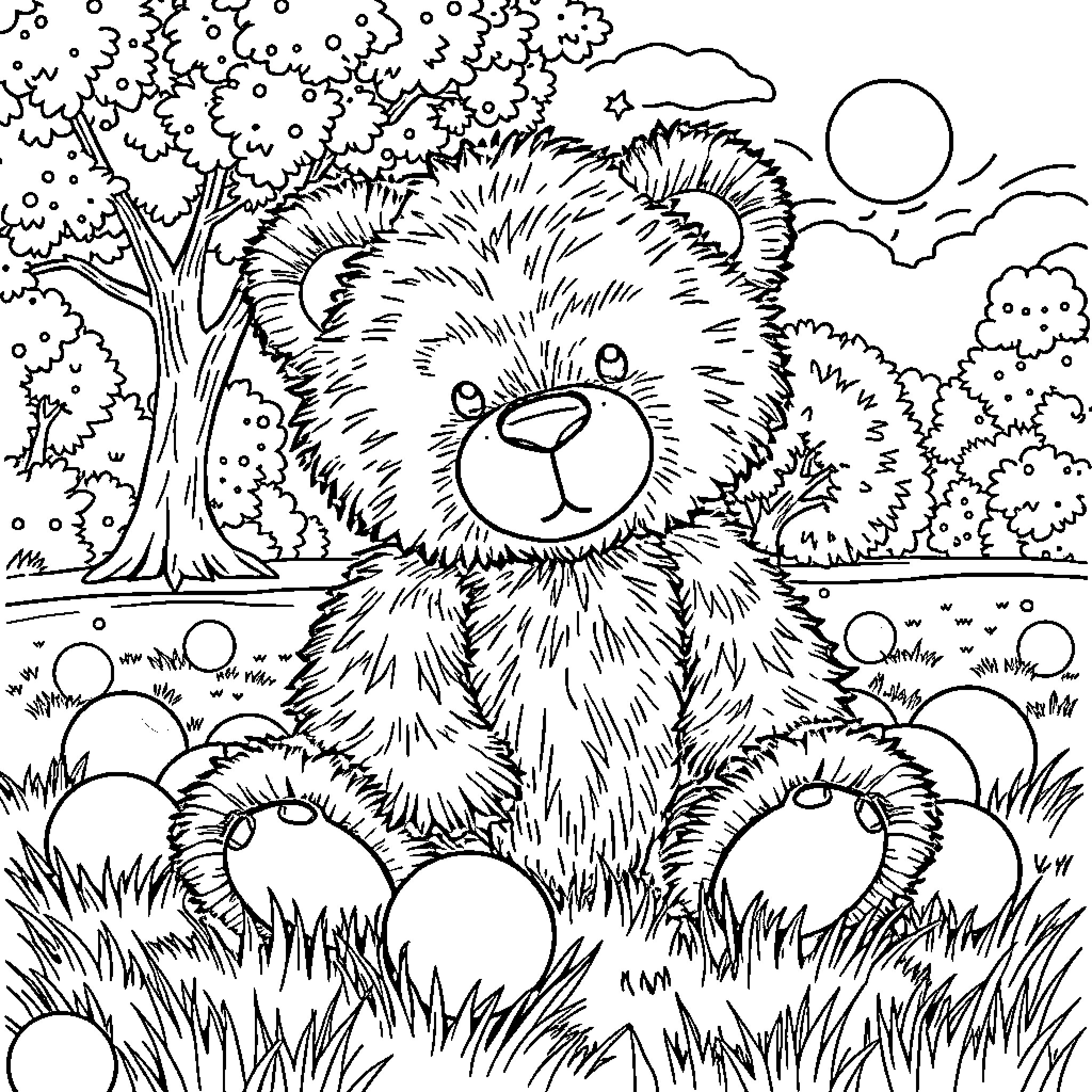 Teddy Bear enjoying a sunny day in nature Coloring Page (free black-and-white line drawing printable PDF for all, from beginners to advanced learners, including children, teens, adults, and seniors)