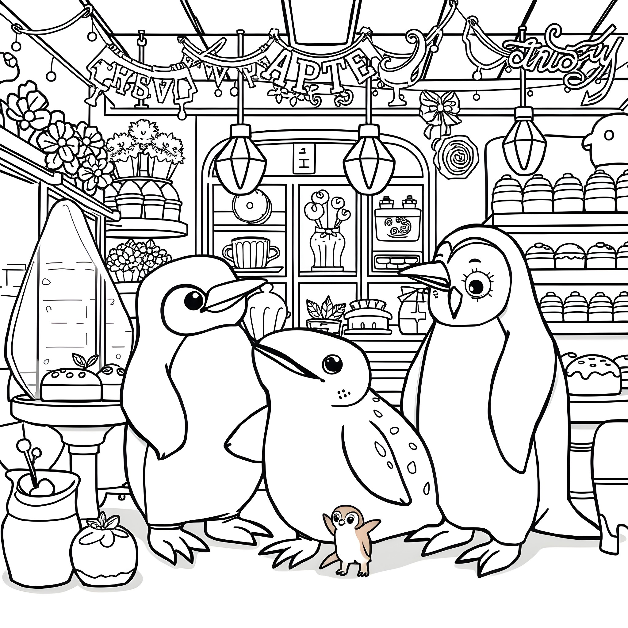 Axolotl Family Enjoying the Aquarium Gift Shop Coloring Page (free black-and-white line drawing printable PDF for all, from beginners to advanced learners, including children, teens, adults, and seniors)