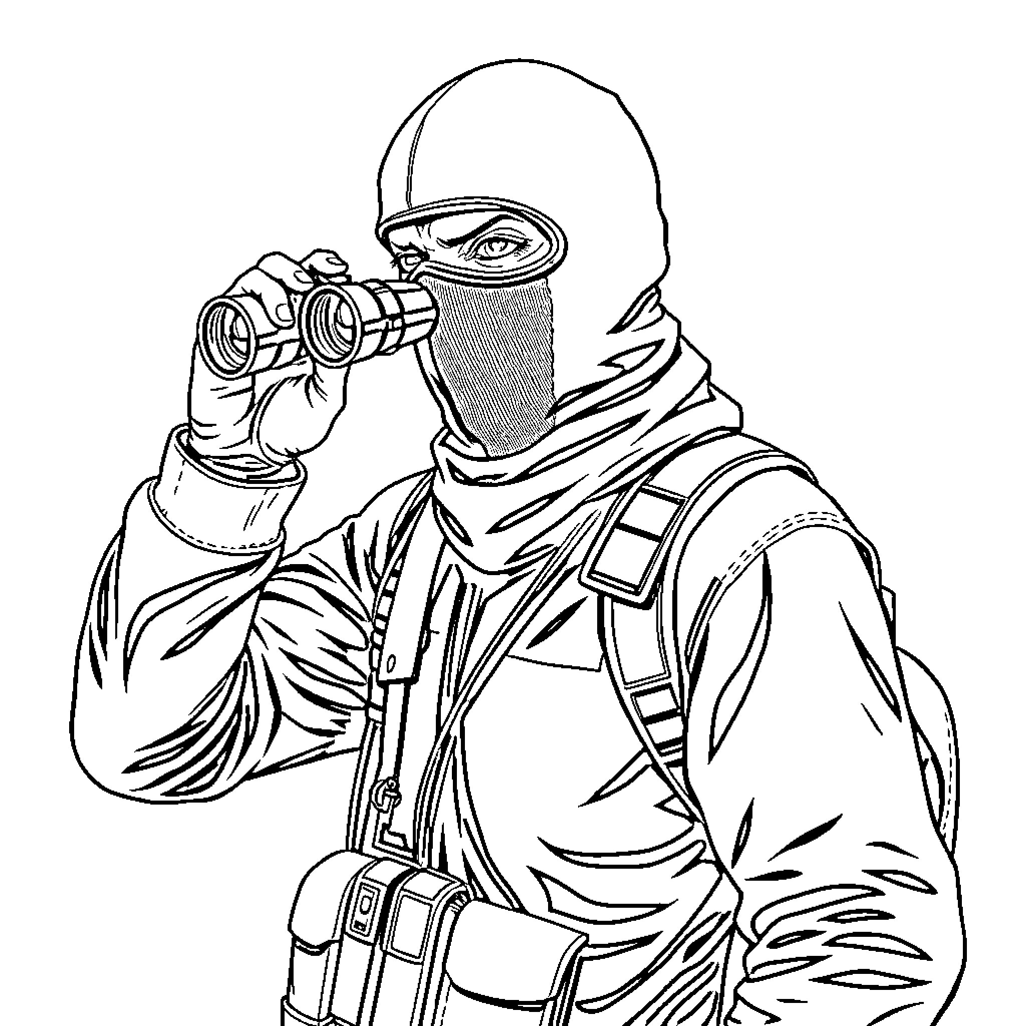 Masked Man Surveilling the Surroundings with Binoculars Coloring Page (free black-and-white line drawing printable PDF for all, from beginners to advanced learners, including children, teens, adults, and seniors)