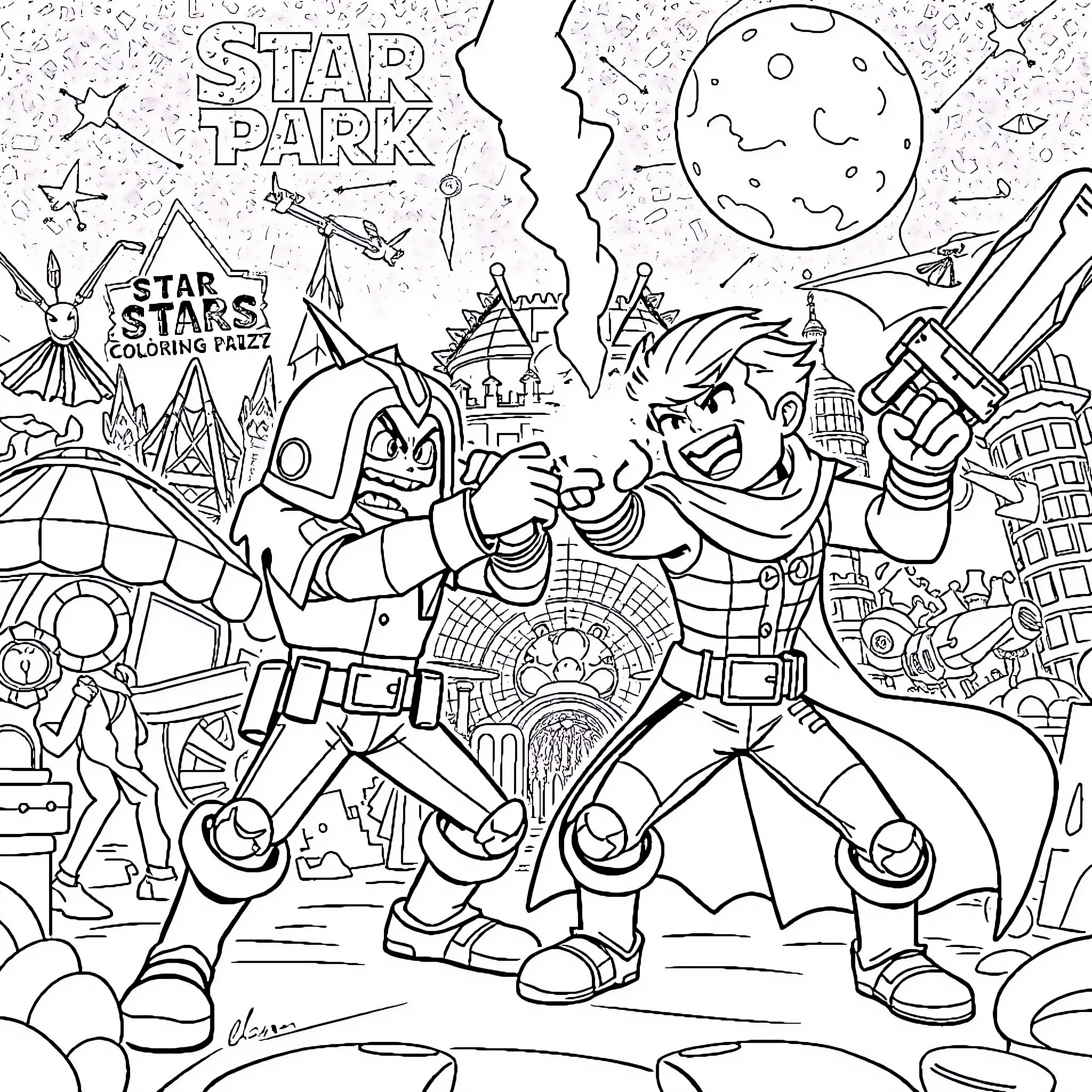 Mortis Star Park: Intergalactic Adventure Coloring Page (free black-and-white line drawing printable PDF for all, from beginners to advanced learners, including children, teens, adults, and seniors)