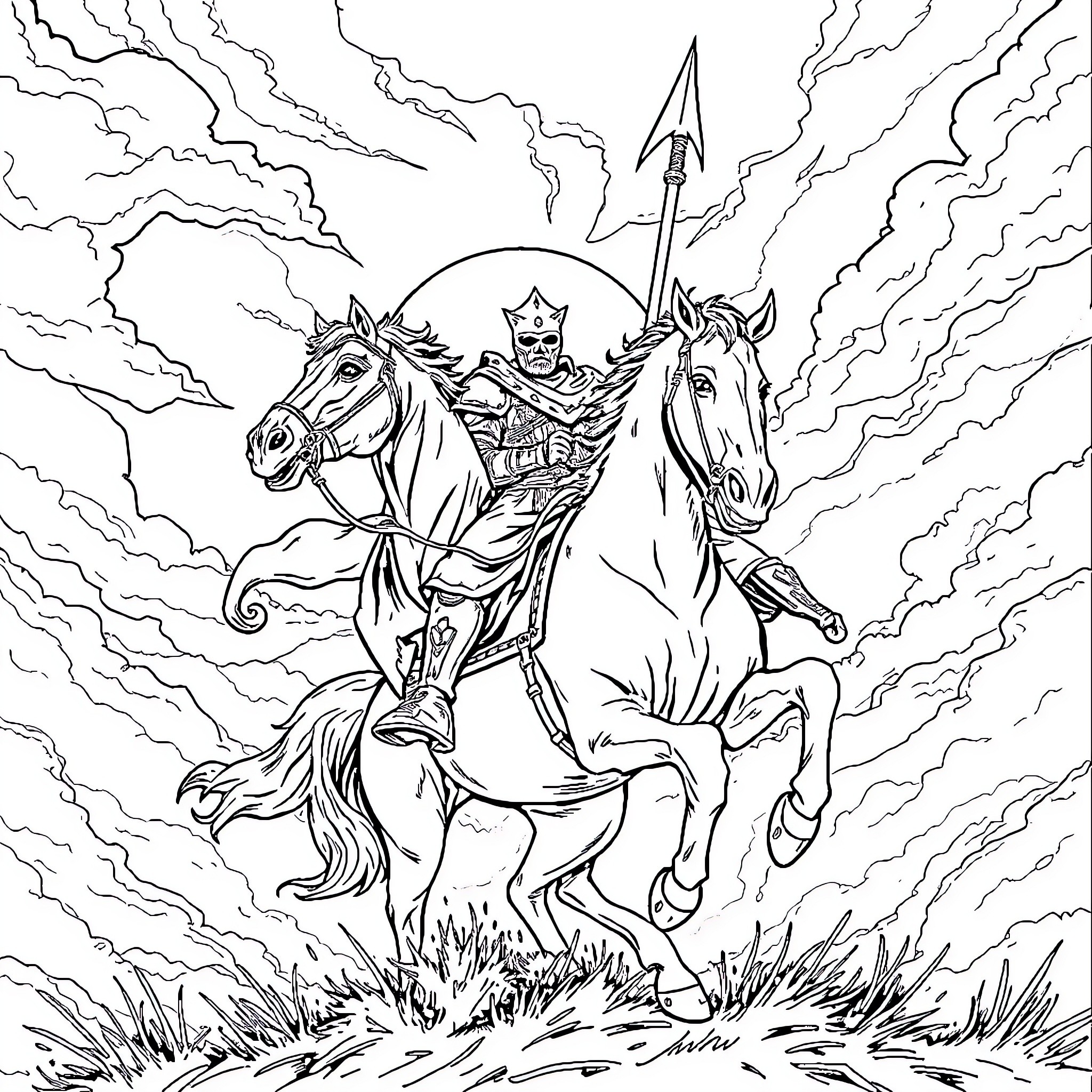 War Riders Charging into Battle Coloring Page (free black-and-white line drawing printable PDF for all, from beginners to advanced learners, including children, teens, adults, and seniors)