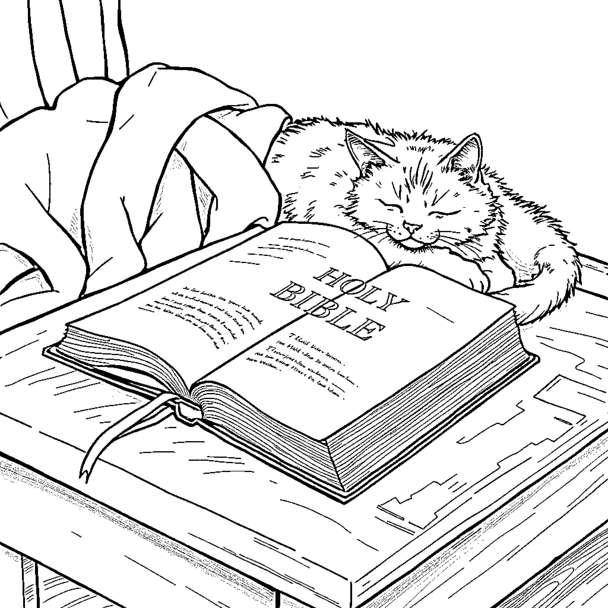 Bible study with a sleeping cat Coloring Page (free black-and-white line drawing printable PDF for all, from beginners to advanced learners, including children, teens, adults, and seniors)