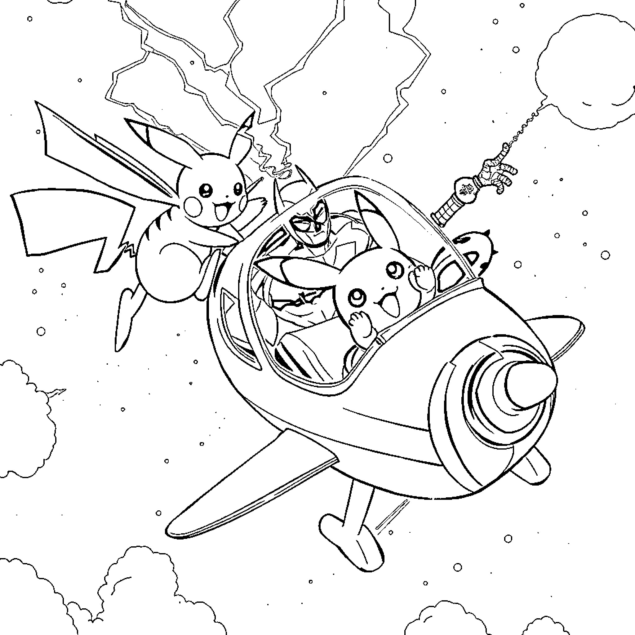 Pikachu having fun riding a rocket-powered airplane Coloring Page (free black-and-white line drawing printable PDF for all, from beginners to advanced learners, including children, teens, adults, and seniors)