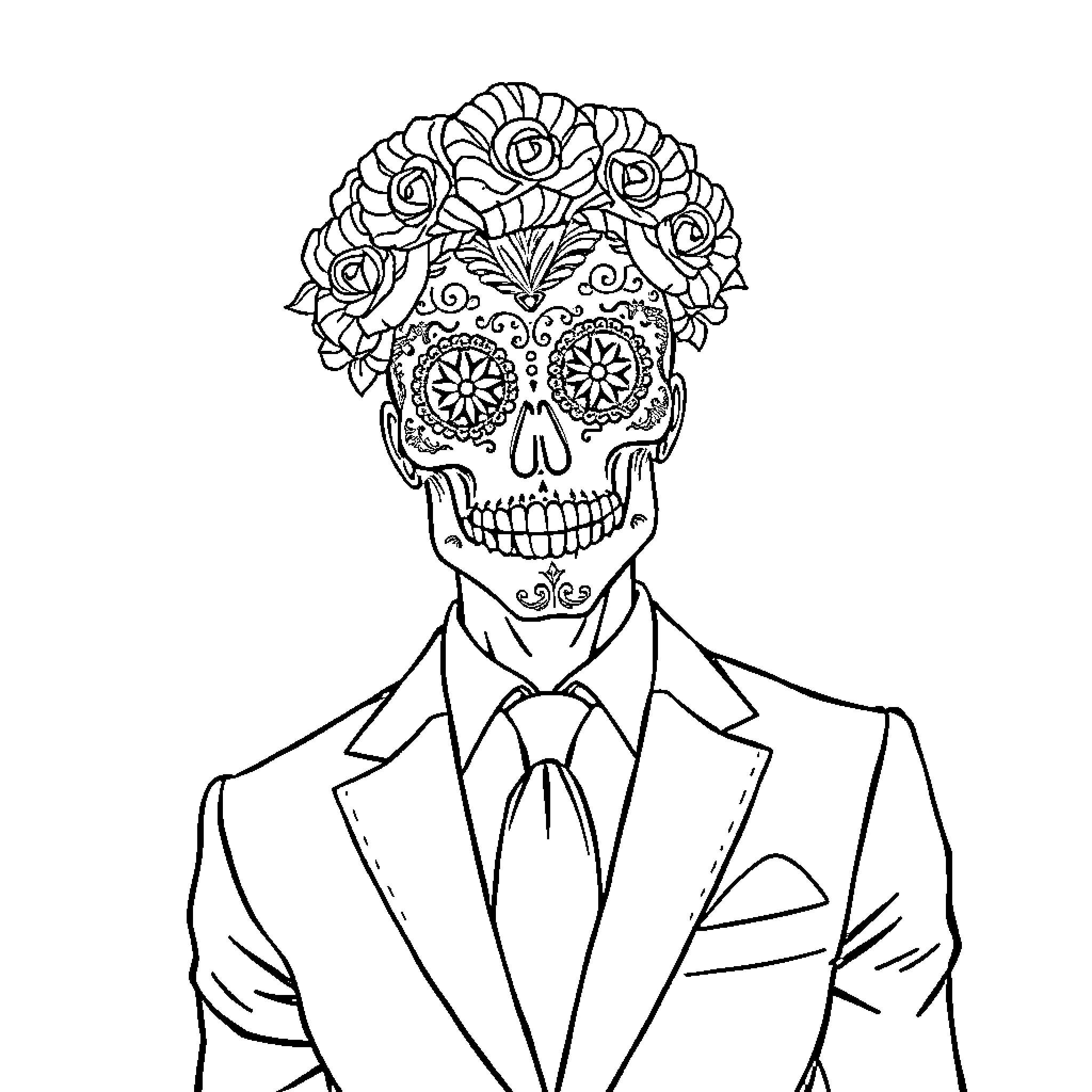 Man in suit wearing floral skull mask Coloring Page (free black-and-white line drawing printable PDF for all, from beginners to advanced learners, including children, teens, adults, and seniors)