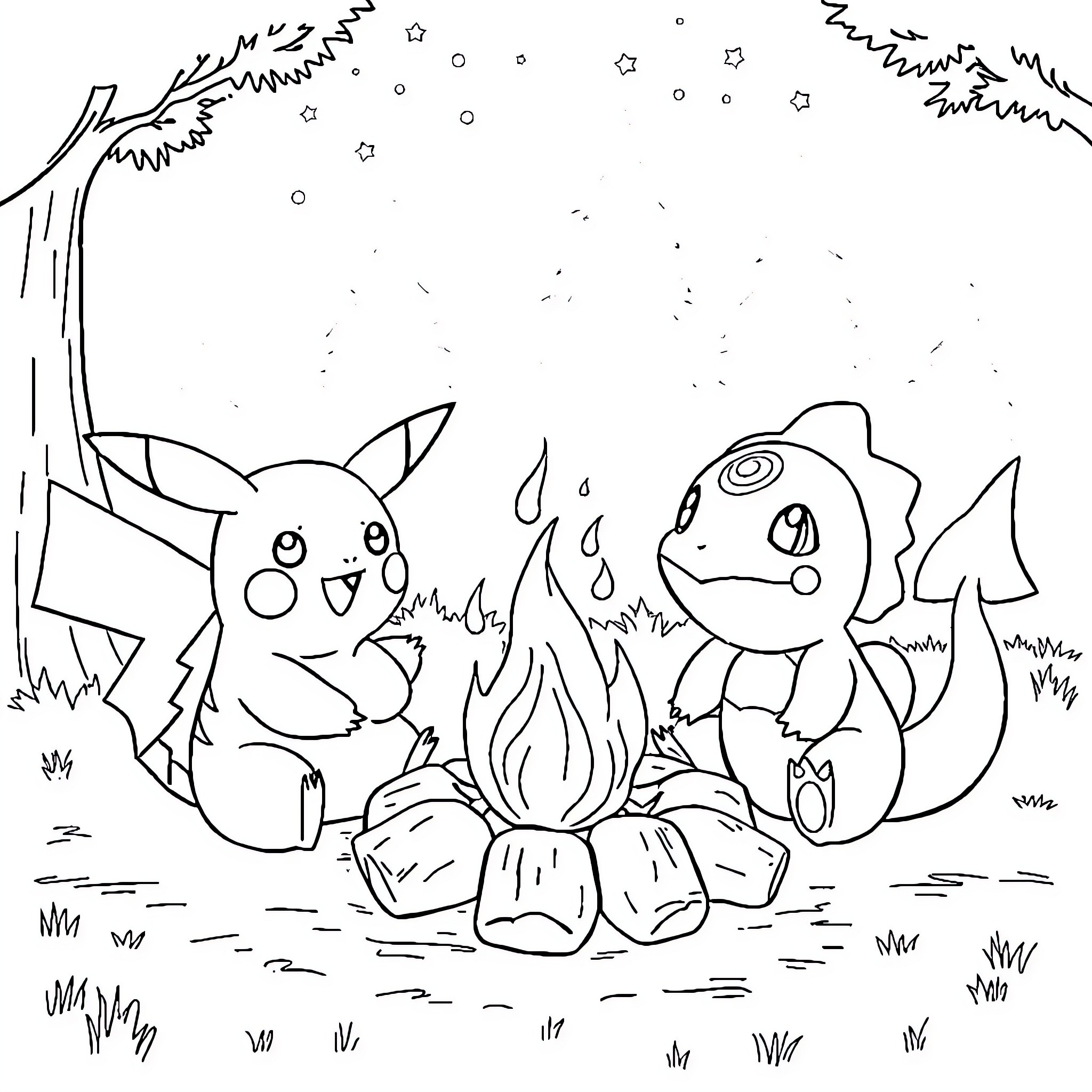 Pokémon Pikachu and Charmander enjoying a campfire Coloring Page (free black-and-white line drawing printable PDF for all, from beginners to advanced learners, including children, teens, adults, and seniors)