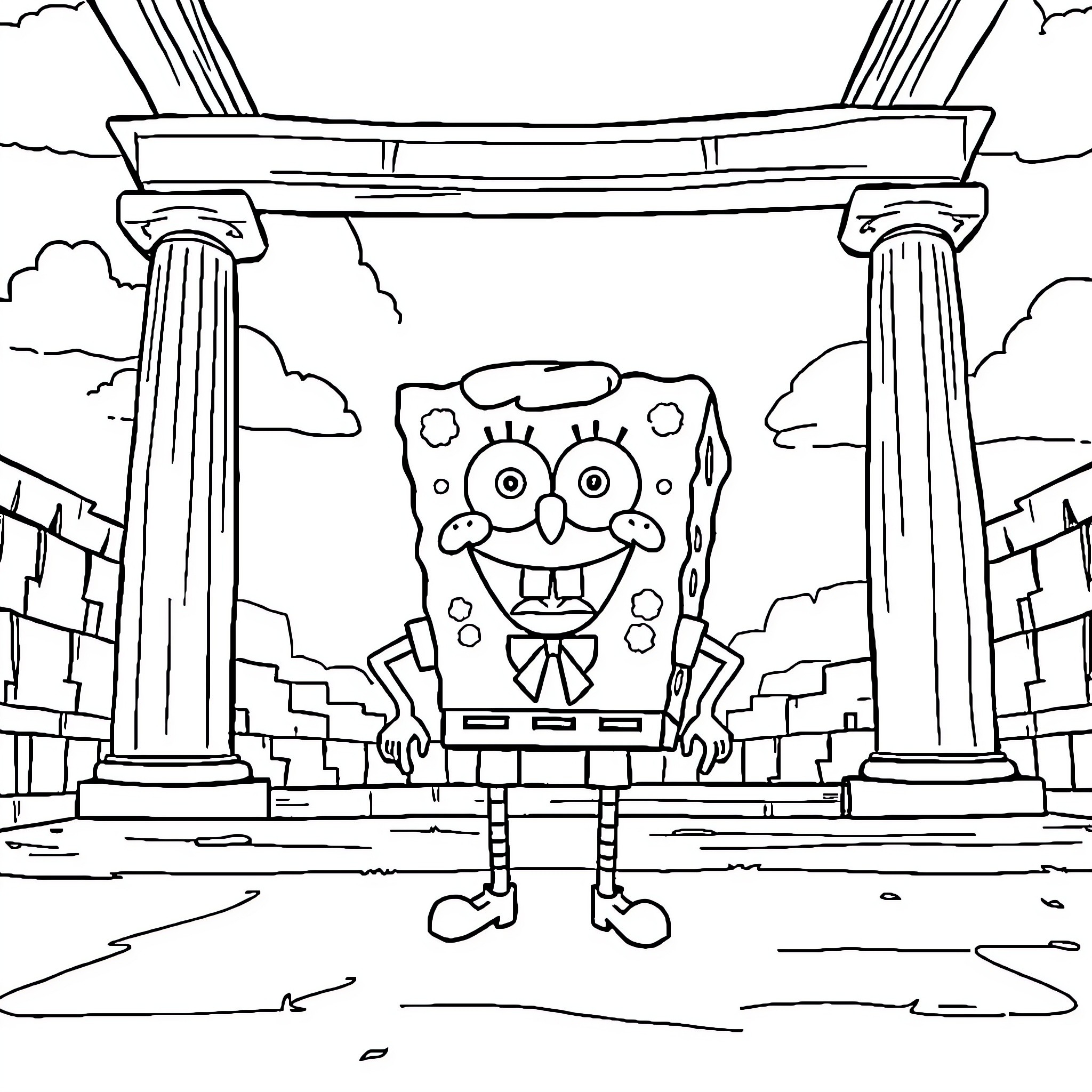 Spongebob standing in front of ancient ruins Coloring Page (free black-and-white line drawing printable PDF for all, from beginners to advanced learners, including children, teens, adults, and seniors)