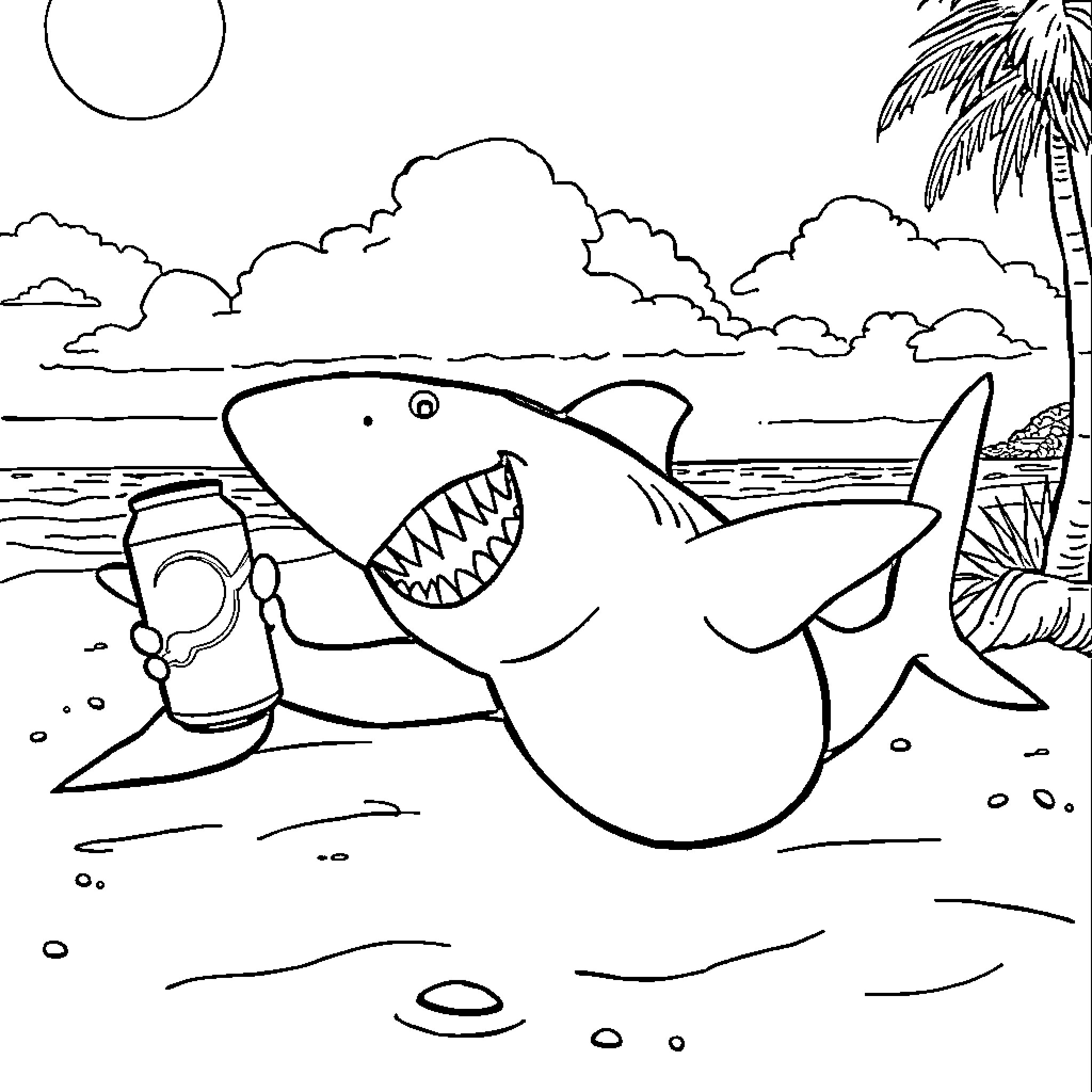 Shark enjoying a beach day with beverage Coloring Page (free black-and-white line drawing printable PDF for all, from beginners to advanced learners, including children, teens, adults, and seniors)