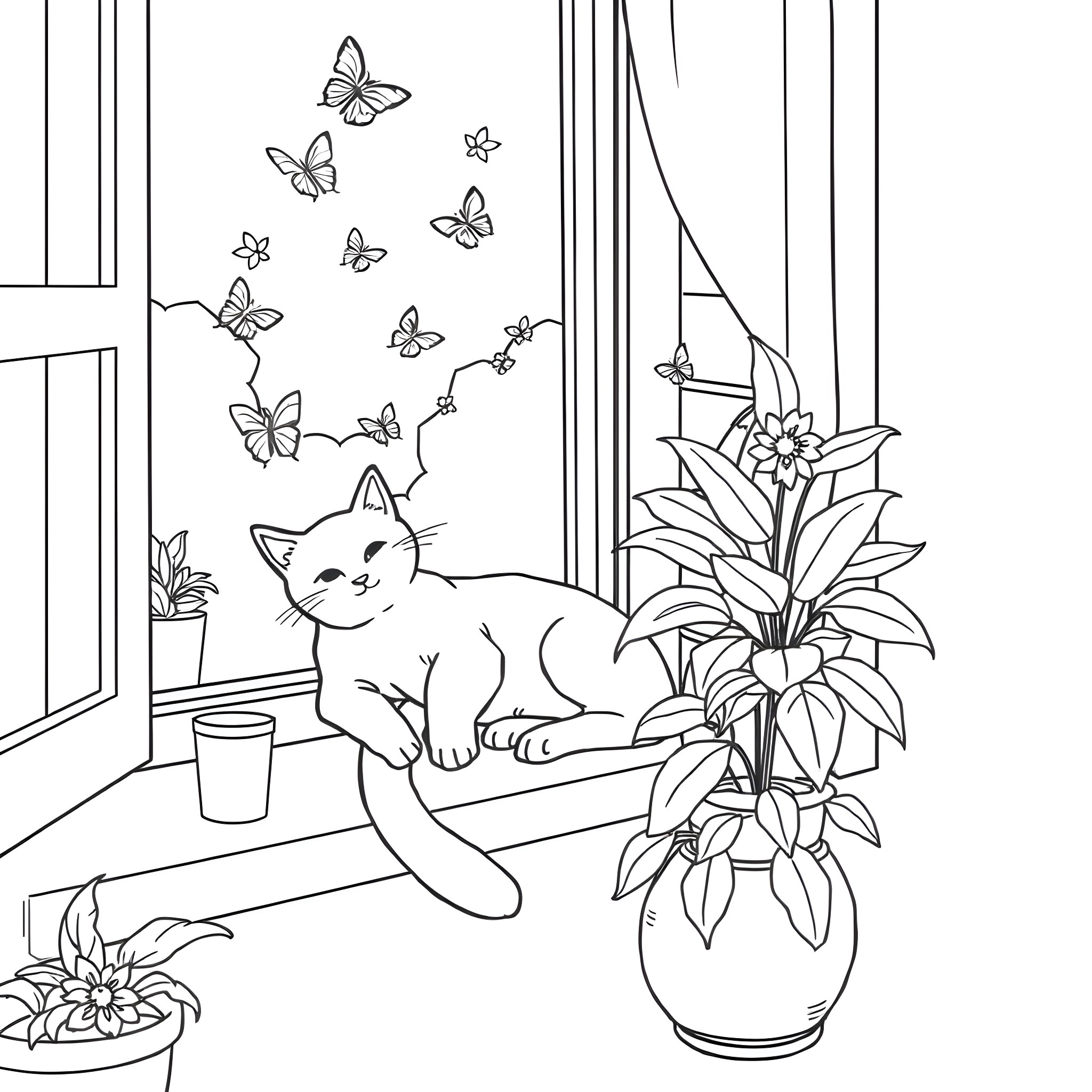Cat relaxing by the window surrounded by nature Coloring Page (free black-and-white line drawing printable PDF for all, from beginners to advanced learners, including children, teens, adults, and seniors)