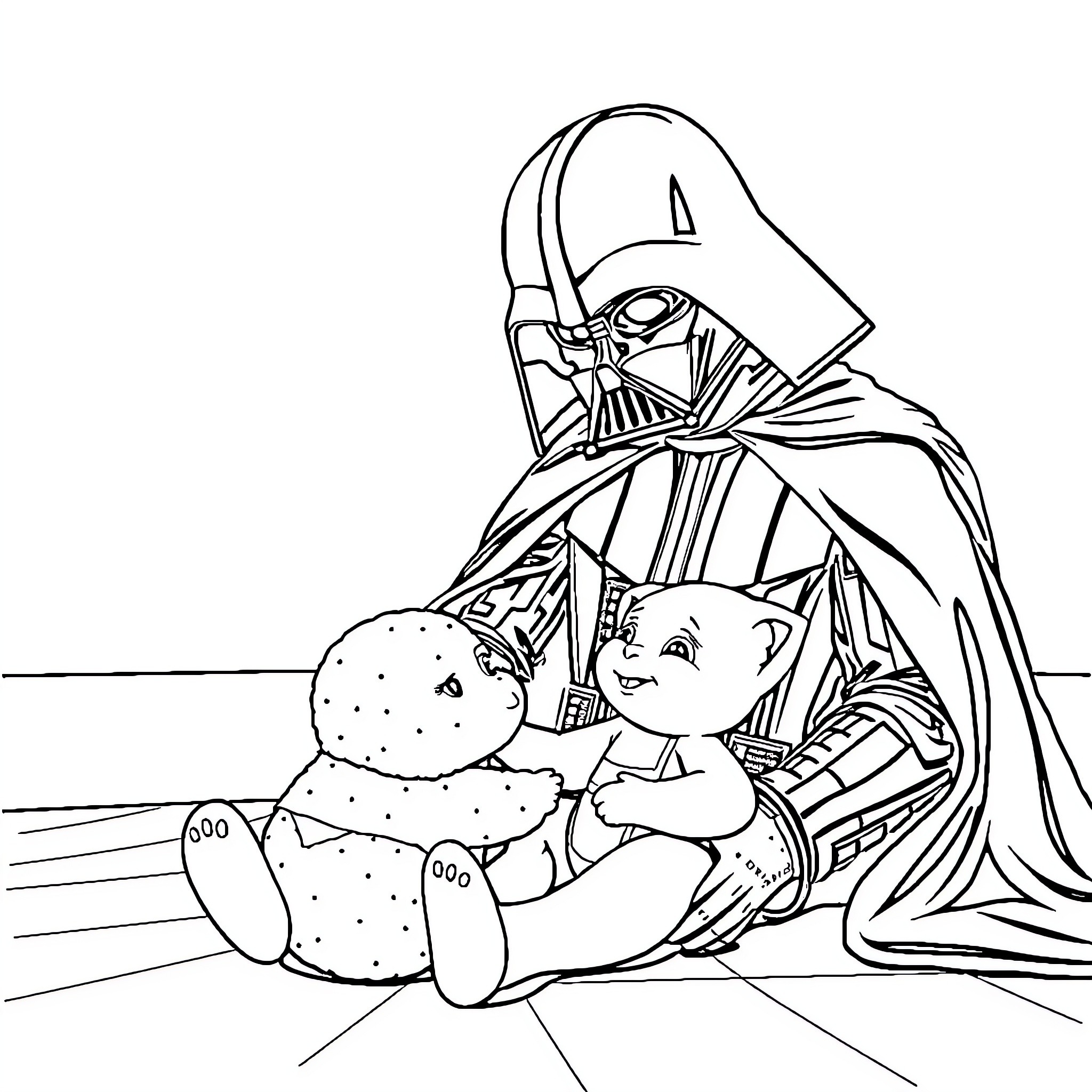 Darth Vader comforting a stuffed animal Coloring Page (free black-and-white line drawing printable PDF for all, from beginners to advanced learners, including children, teens, adults, and seniors)