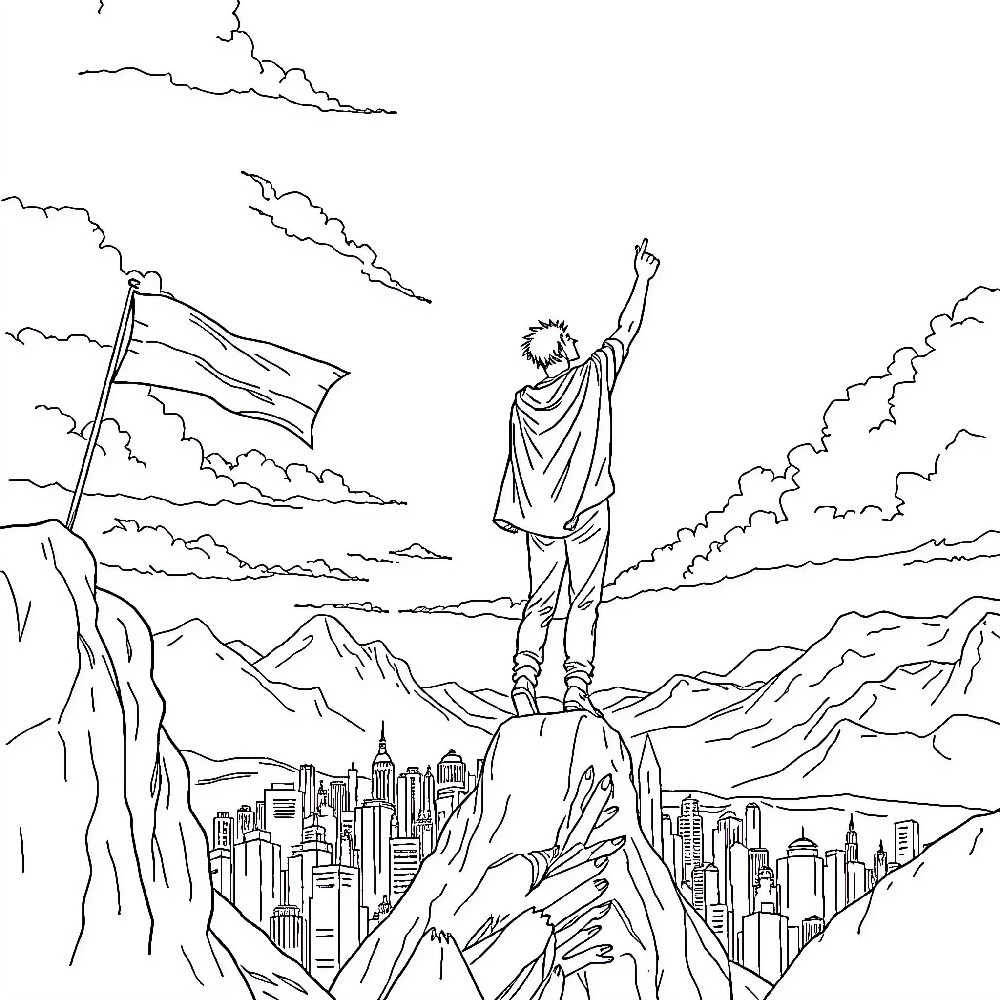 Story of a triumphant figure raising the flag Coloring Page (free black-and-white line drawing printable PDF for all, from beginners to advanced learners, including children, teens, adults, and seniors)